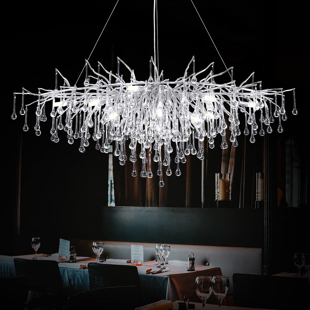 47 Inch Large Silver Rectangle Chandelier - Modern Dining Room Lighting Fixture for Kitchen Island, Living Room & Bedroom | Perfect for Home Decor, Wedding Venues & Restaurant Ambiance