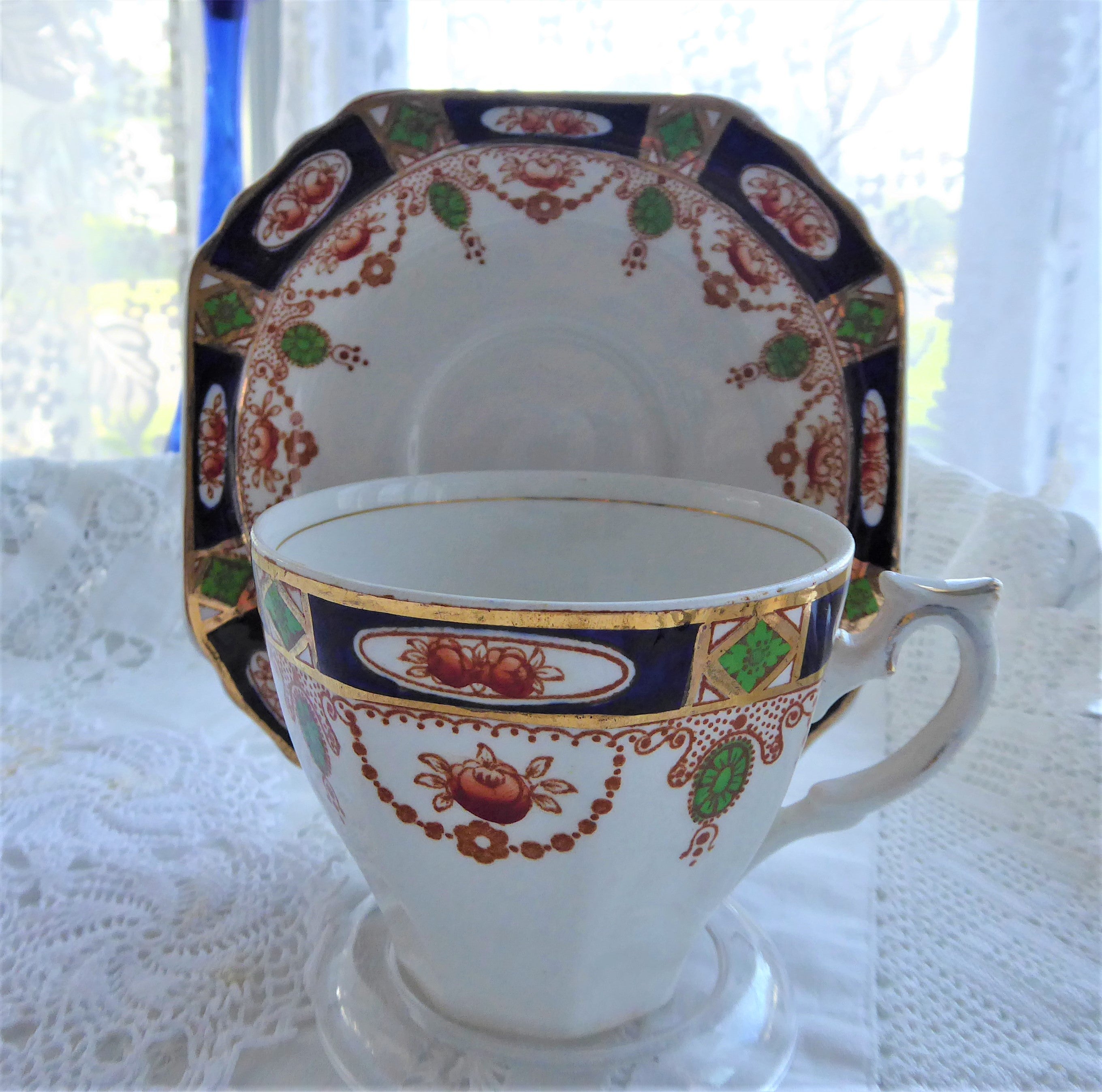 Vintage Imperial Derby Imari Cup and Saucer Set - Cobalt Blue & Rust Design by T. Hughes England 1920s Antique Tea Set for Collectors & Afternoon Tea Lovers