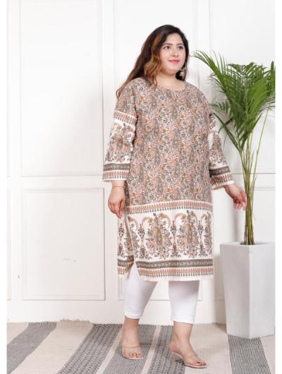 Plus Size Brown Cotton Printed Kurti for Women - Stylish & Comfortable Indian Tunic Top for Casual Wear, Office & Festive Occasions