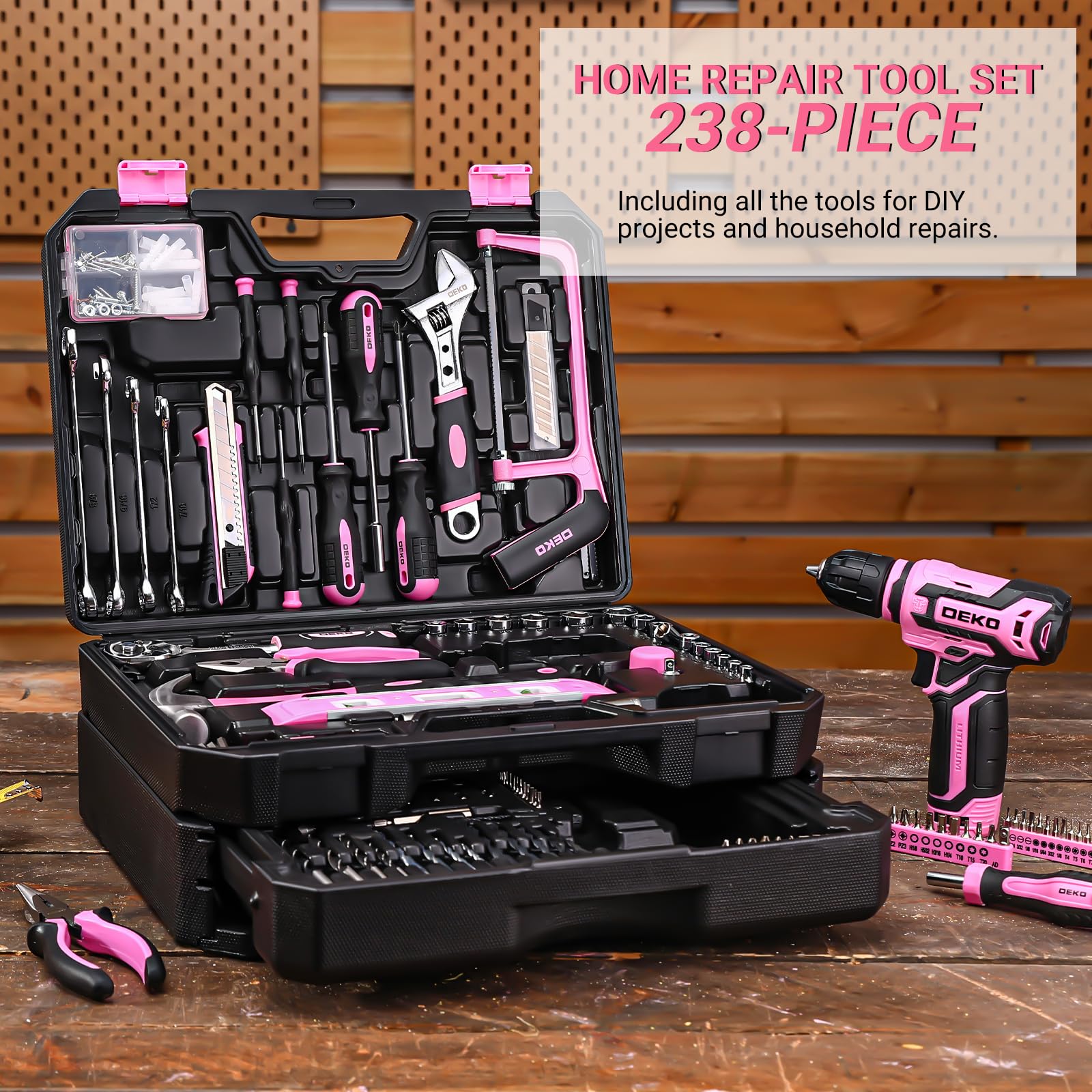 **DEKOPRO 12V Cordless Drill & Tool Kit Set - 65-Piece Pink Home Mechanic Toolbox with Storage Case | DIY Repair, Woodworking, Household Fixes | Perfect for Men & Women**