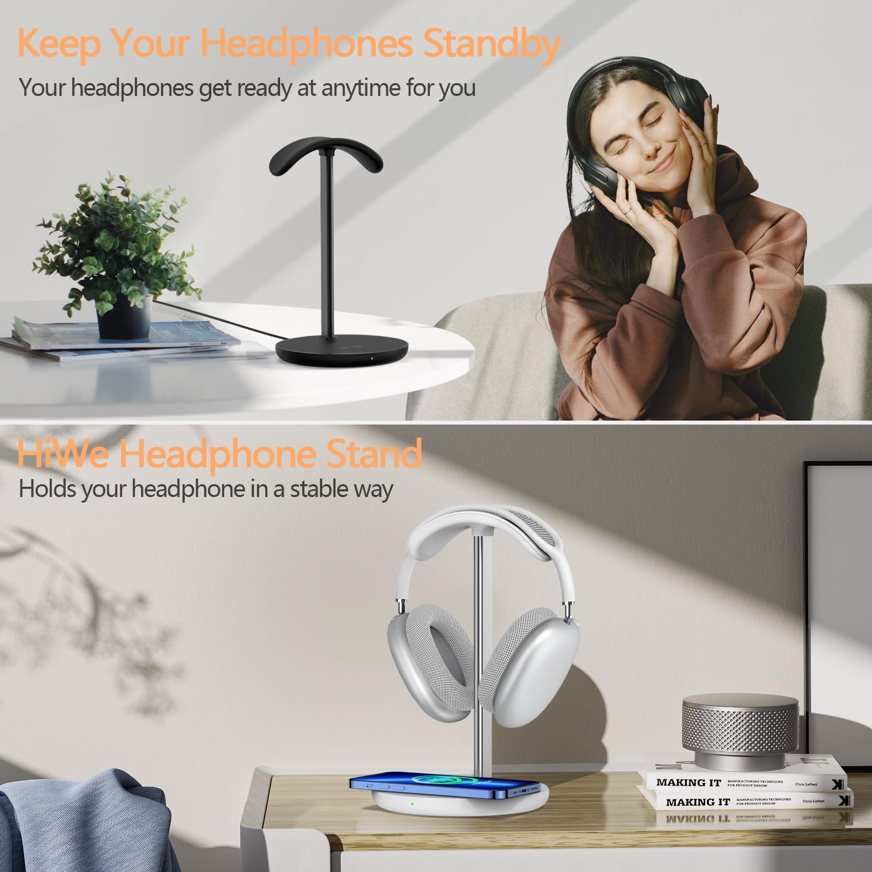 2-in-1 Wireless Charging Headphone Stand - Universal Gaming Headset Holder & Phone Charging Dock for iPhone 15/14/13/12/11, Samsung Galaxy, AirPods Pro/3/2 - Perfect Desk Organizer for Gamers & Office Workers (White)