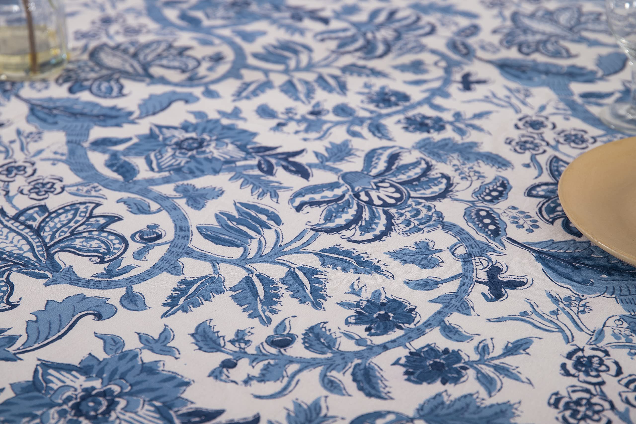 Handblock Printed Indian Cotton Tablecloth 72x135 Inch – Floral Country Style Rectangular Dining Table Cover for 10-Seater | Blue Spring Easter Bridal Party Baby Shower Decoration | Perfect for Weddings, Holiday Dinners & Special Occasions