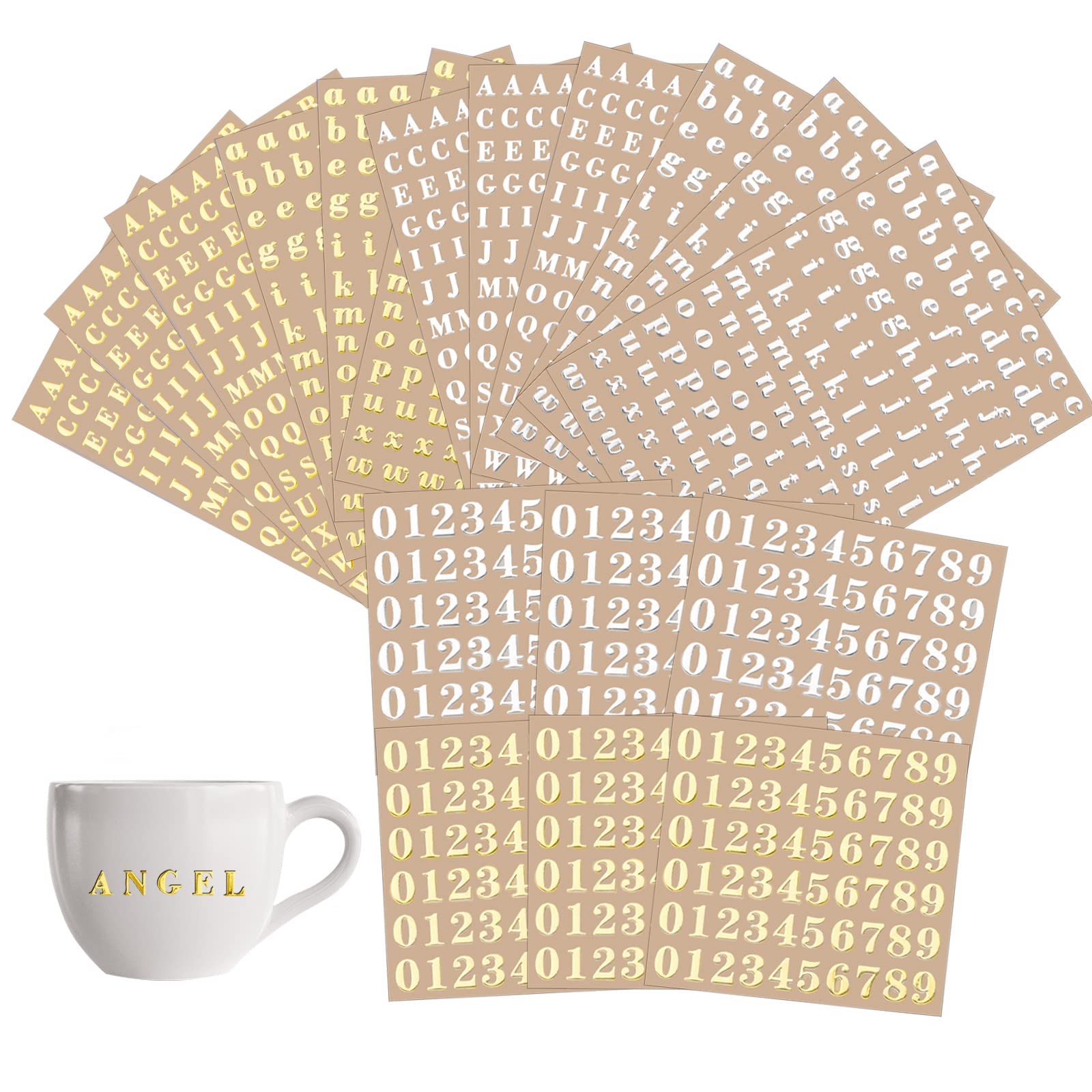 AIEX 4.5mm Metal Letter Stickers - 18 Sheets Alphabet & Numbers for Scrapbooking DIY Crafts (Gold/Silver) - Perfect for Journals & Gift Decorating
