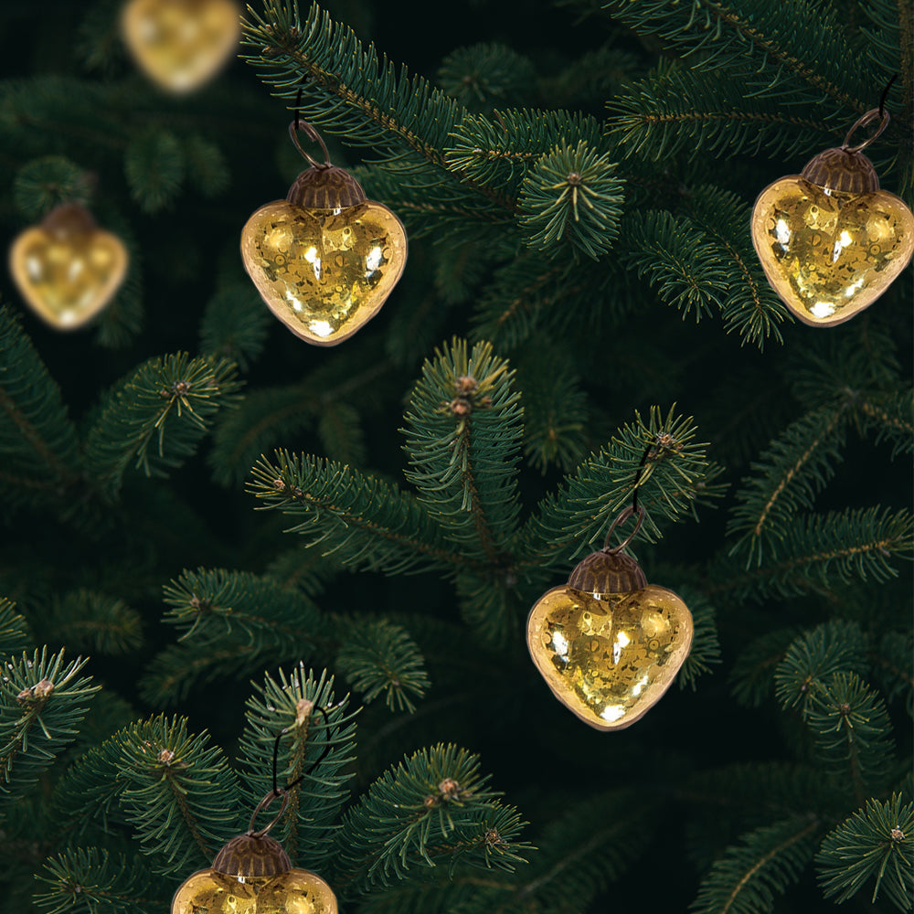 6 Pack Gold Cora Mercury Glass Heart Ornaments - Elegant Christmas Tree Decorations for Holiday Home Decor, Wedding, Party & Gift Giving