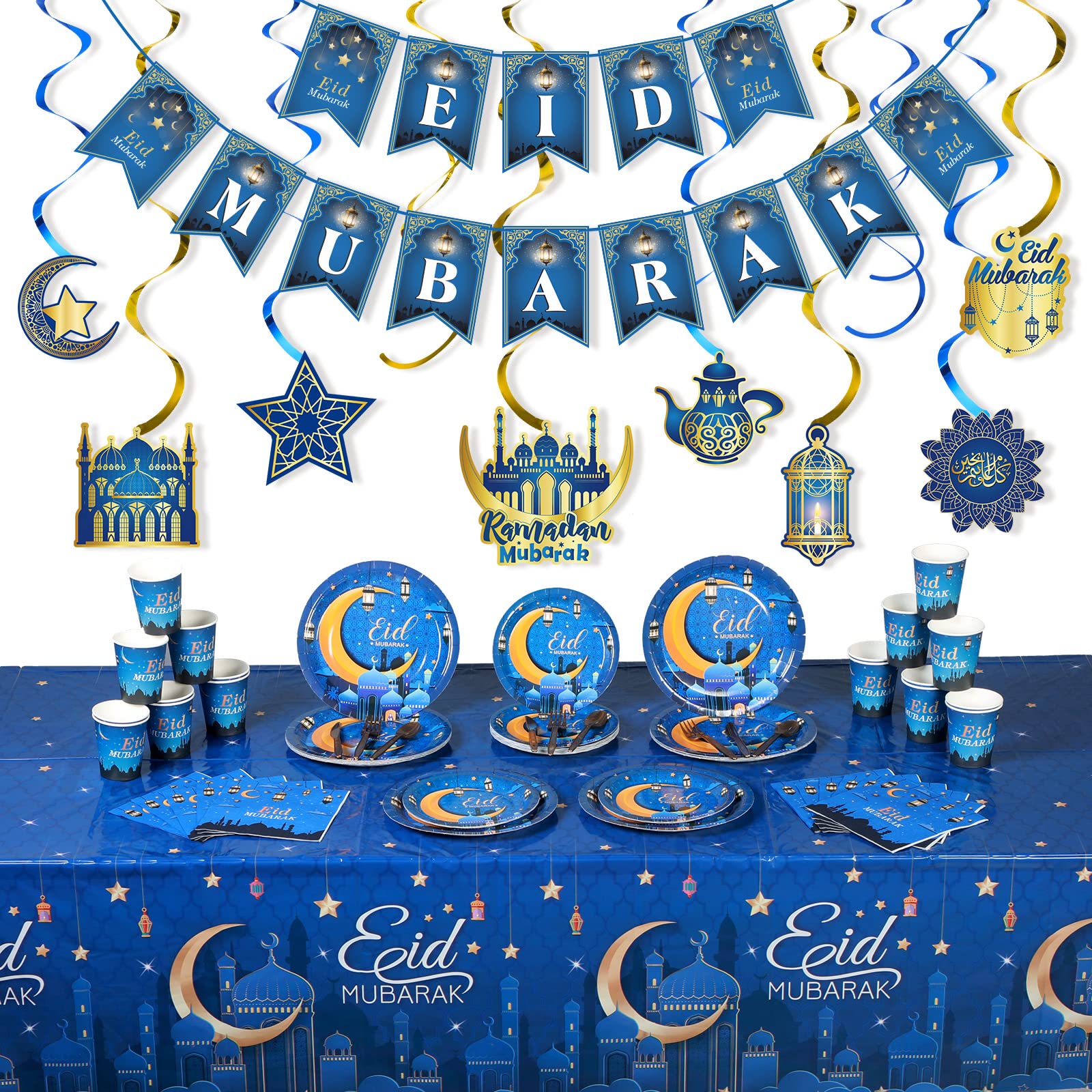 Eid Mubarak Party Supplies Set - 24-Piece Ramadan Tableware Kit with Plates, Napkins, Cups, Cutlery, Banner & Tablecloths - Blue Muslim Celebration Decor for Iftar Dinners & Family Gatherings