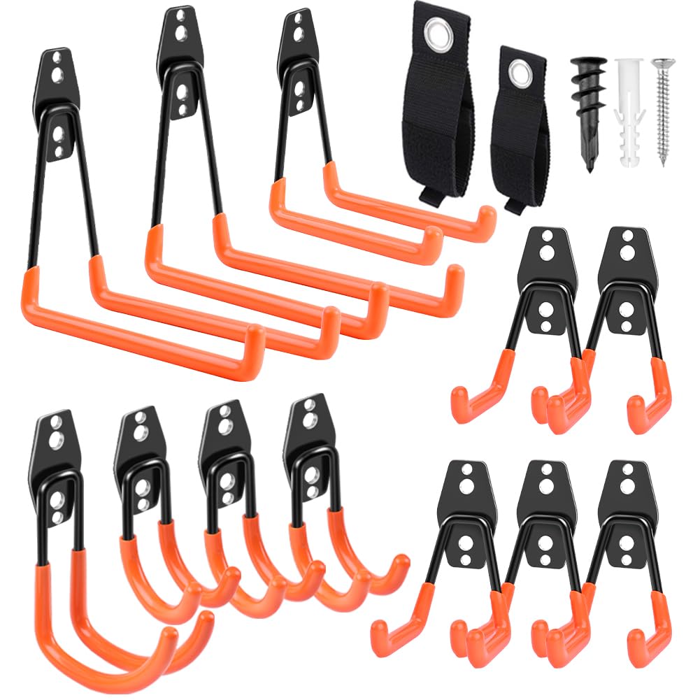 Heavy Duty Garage Hooks 14 Pack - Steel Wall Mount Storage Hooks & Tool Hangers with Anti-Slip Coating - Organize Ladders, Garden Tools & Bulky Items in Garage, Workshop or Shed