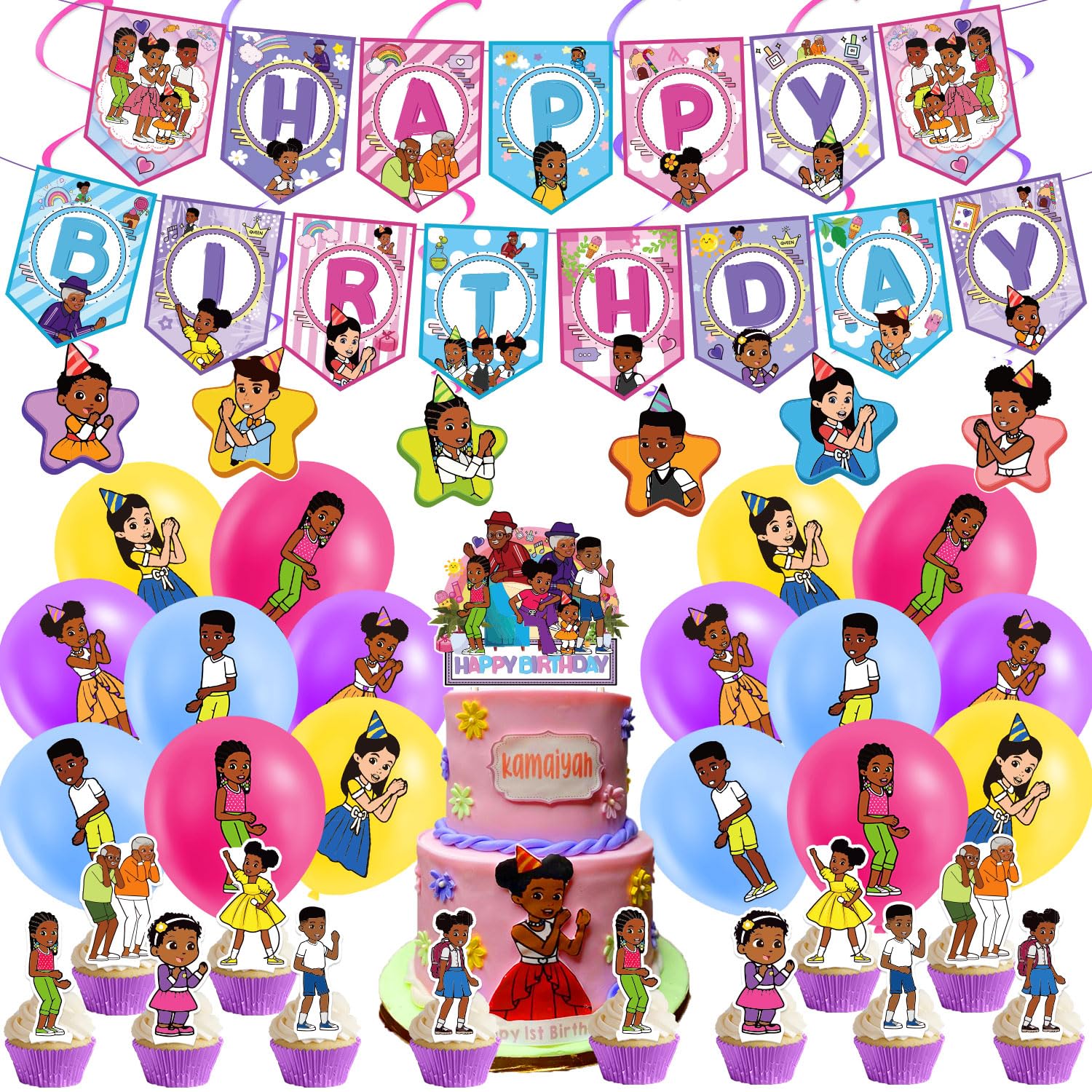 Grace's Birthday Party Decorations & Supplies for Boys and Girls - Happy Birthday Swirl Banner, Cake Toppers, Balloons & Cupcake Decorations | Perfect for Baby Showers, Birthday Cakes & Kids Celebrations