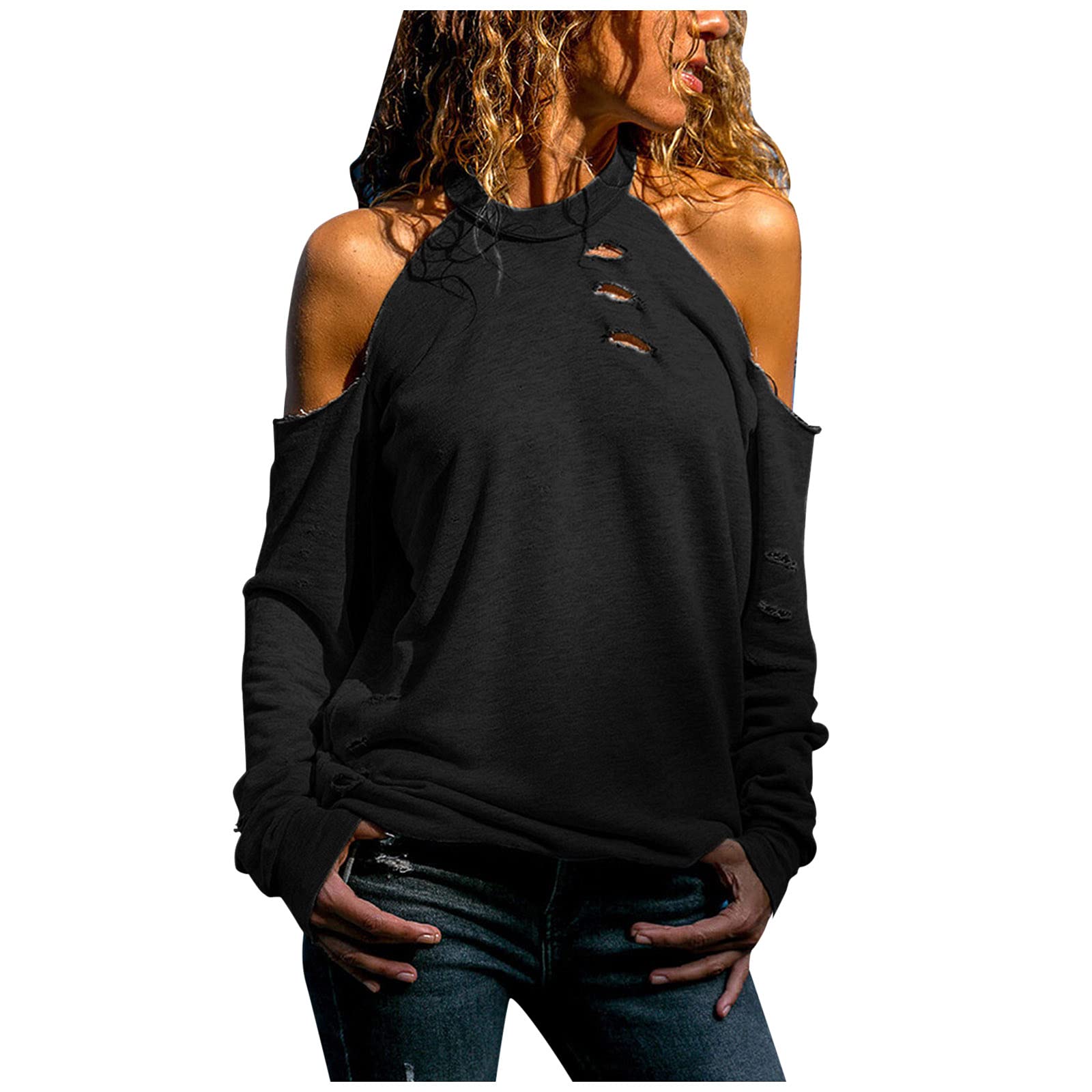 Women's Hollow Black Mesh Long Sleeve Blouse - Casual Off Shoulder Solid Top with Sleeve Print - Perfect for Parties, Date Nights & Evening Outfits
