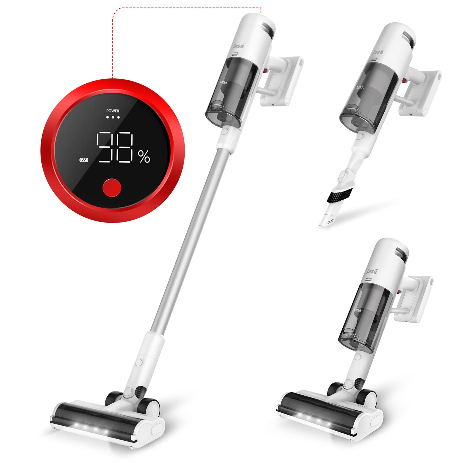 INSE Cordless Vacuum Cleaner with LED Display - 150AW 30Kpa Powerful Stick Vacuum, Lightweight Rechargeable Vacuum with 2500mAh Battery (60 Min Runtime) for Hard Floors, Carpets & Pet Hair - V120 | Perfect for Home Cleaning & Pet Owners
