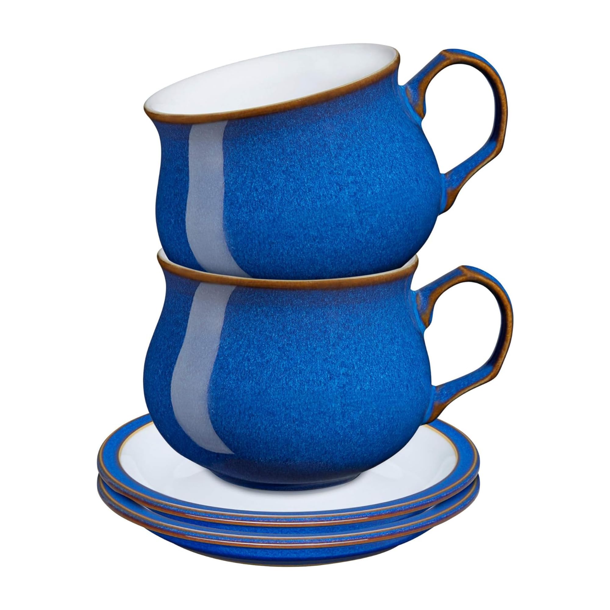 Denby Imperial Blue 4-Piece Tea and Coffee Cup Set with Saucers - Perfect for Afternoon Tea, Breakfast, or Elegant Home Decor