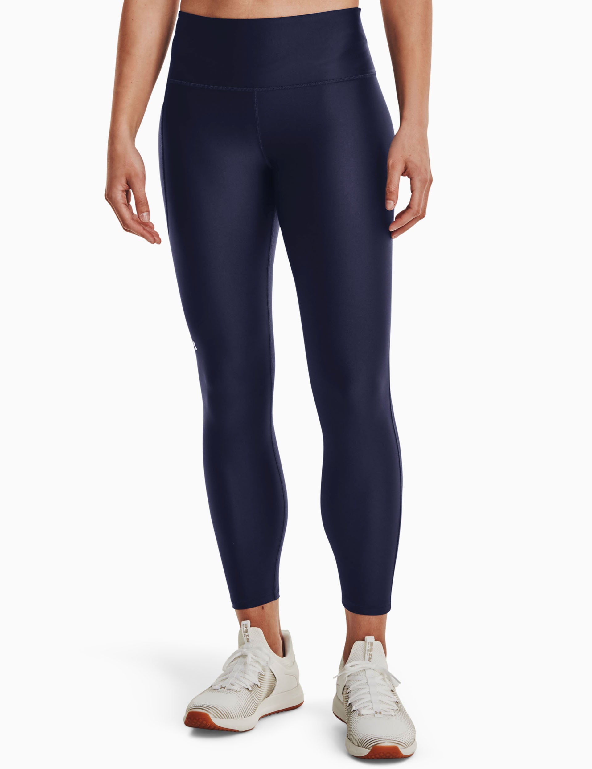 HeatGear Armour No Slip Waistband Ankle Leggings for Women - Midnight Navy/White - High Performance Workout Leggings for Running, Yoga & Gym
