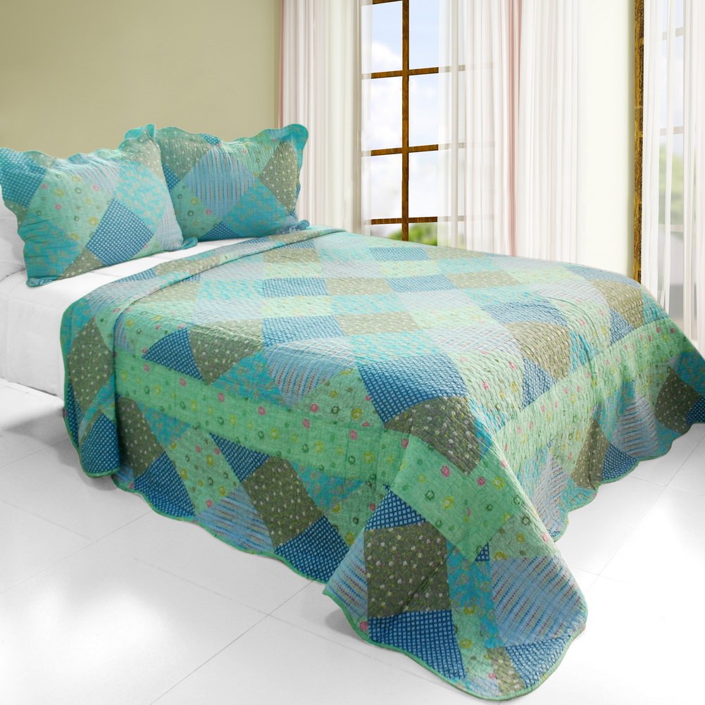 Blancho Bedding Colorful Glamor Cotton 3-Piece Vermicelli-Quilted Printed Quilt Set - Full/Queen Size - Soft & Stylish Bedroom Decor for Cozy Nights
