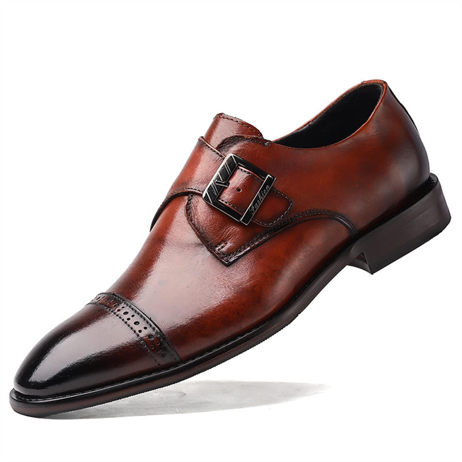 Men's Leather Dress Shoes - Slip On Monk Strap Formal Shoes with Burnished Toe Cap & Non-Slip Block Heel | Light Brown Casual Shoes for Office, Wedding & Business Events