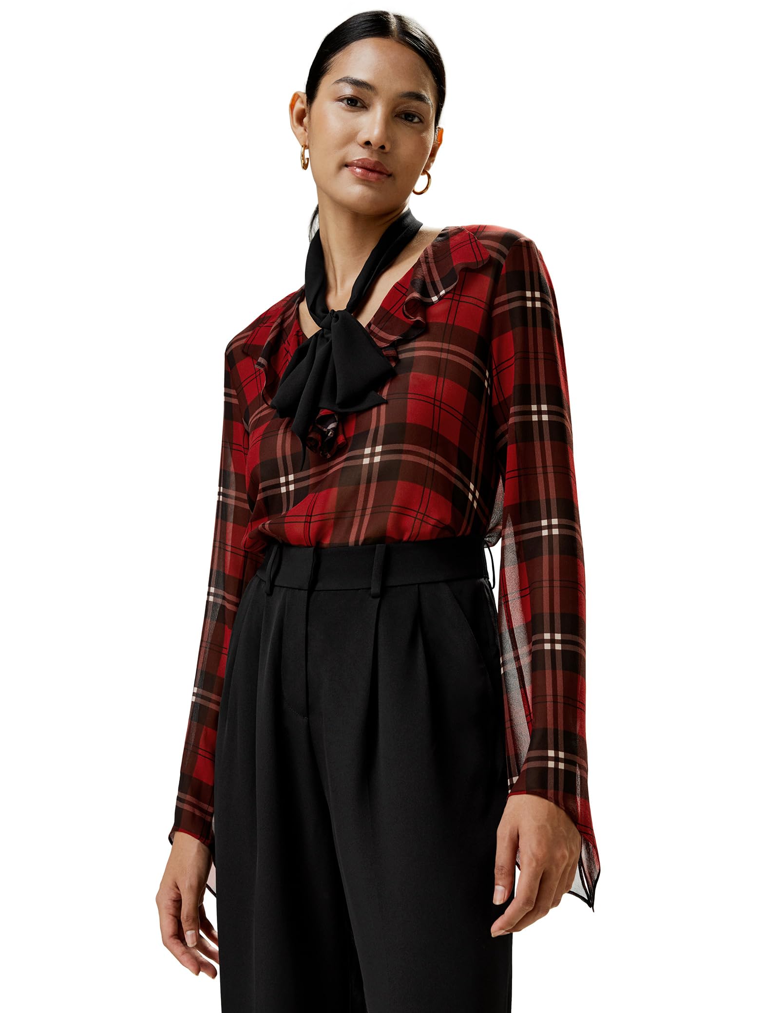 LilySilk Women's Pure Silk Blouse - 14MM Ruffle Neckline & Side Slit Cuffs - Black Red Checkered Pattern Top for Work, Party & Special Occasions