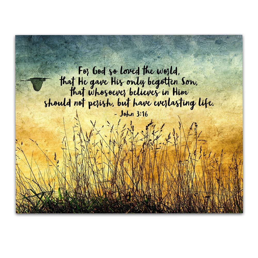 TJ Originals - John 3:16 Bible Verse Wall Art - Christian Scripture Decor - 11x14 Inspirational Print - God So Loved the World Quote - Perfect for Home, Church & Office Decor - Great Gift for Women, Family & Friends (Wild Grass 2)