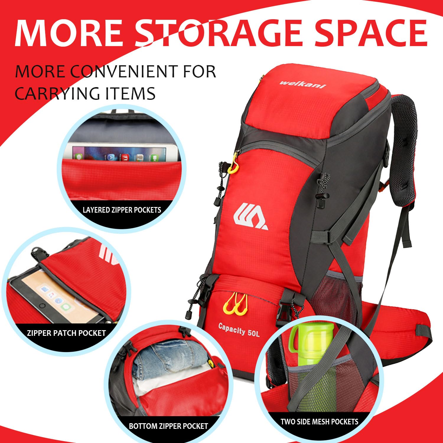 **50L Lightweight Hiking Backpack for Men & Women - Waterproof Camping Backpack with Adjustable Straps for Trekking, Hunting & Outdoor Adventures (Red) - Perfect for Day Trips, Travel & Sports**