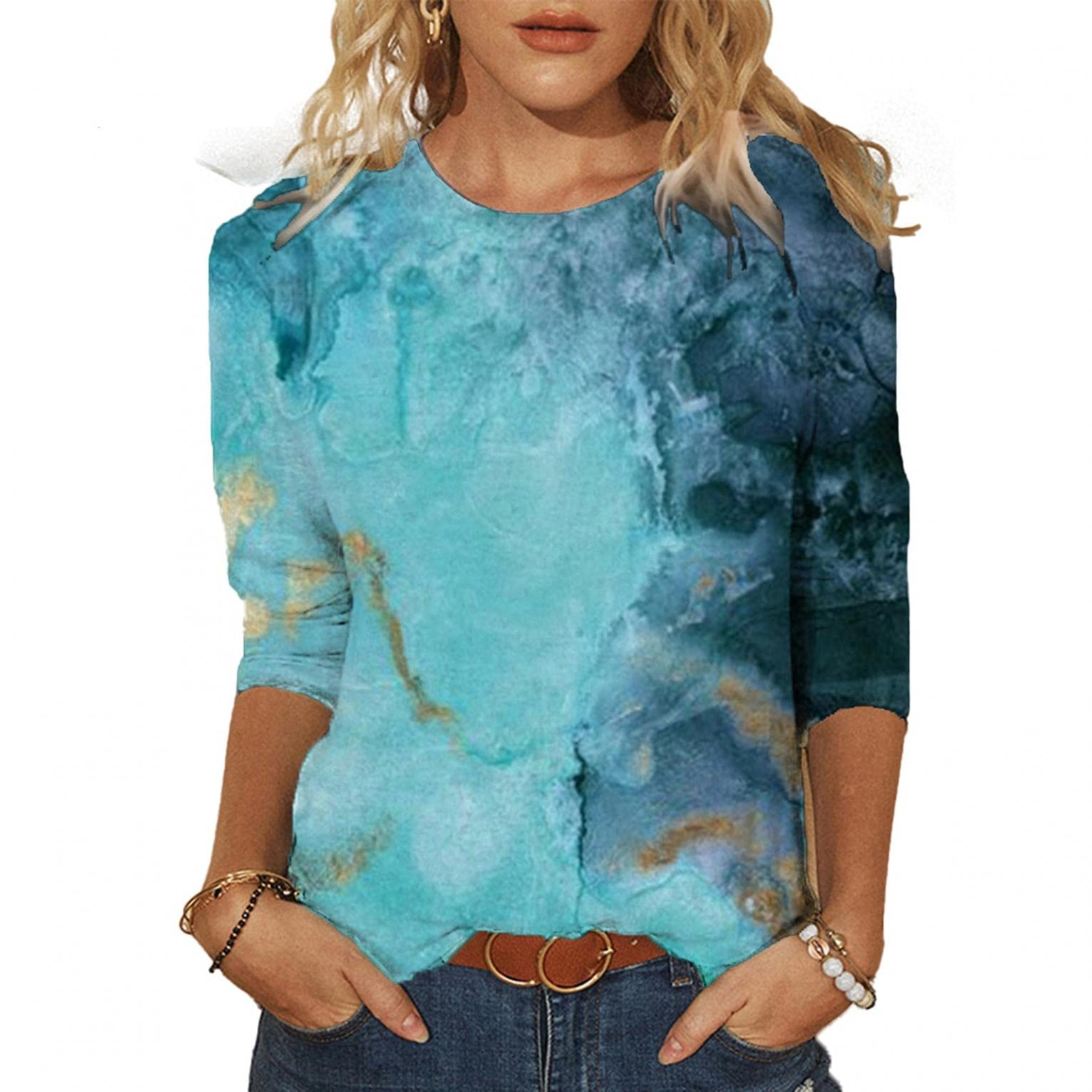 FABIURT Women's 3/4 Sleeve Butterfly Print T-Shirt - Casual Loose Fit Lightweight Blouse for Summer, Spring & Fall | Perfect for Daily Wear, Office & Outings