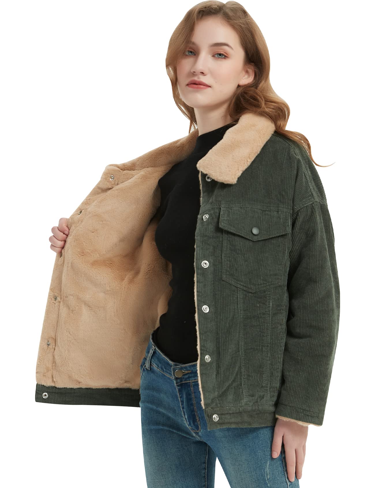 Gihuo Women's Winter Corduroy Jacket - Fleece Sherpa Lined Warm Coat for Cold Weather | Cozy Outerwear for Hiking, Travel & Daily Wear