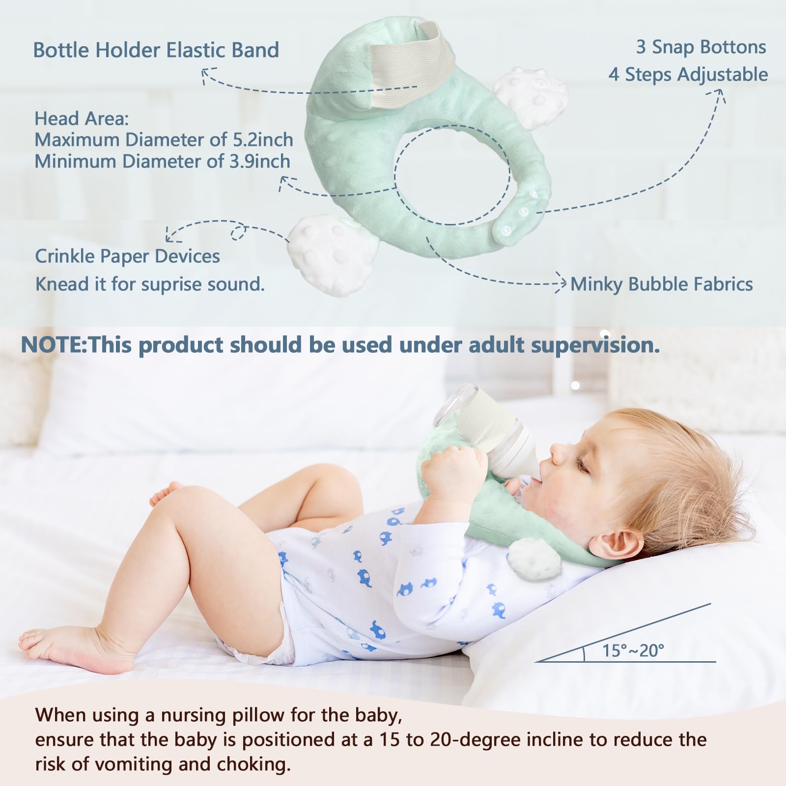 Self Feeding Baby Bottle Holder - Hands Free Newborn Bottle Support for Twins | Adjustable Infant Feeding Pillow | Essential Newborn Care Accessories (Mint Green) | Perfect for Nursing, Travel & Multi-Tasking Parents
