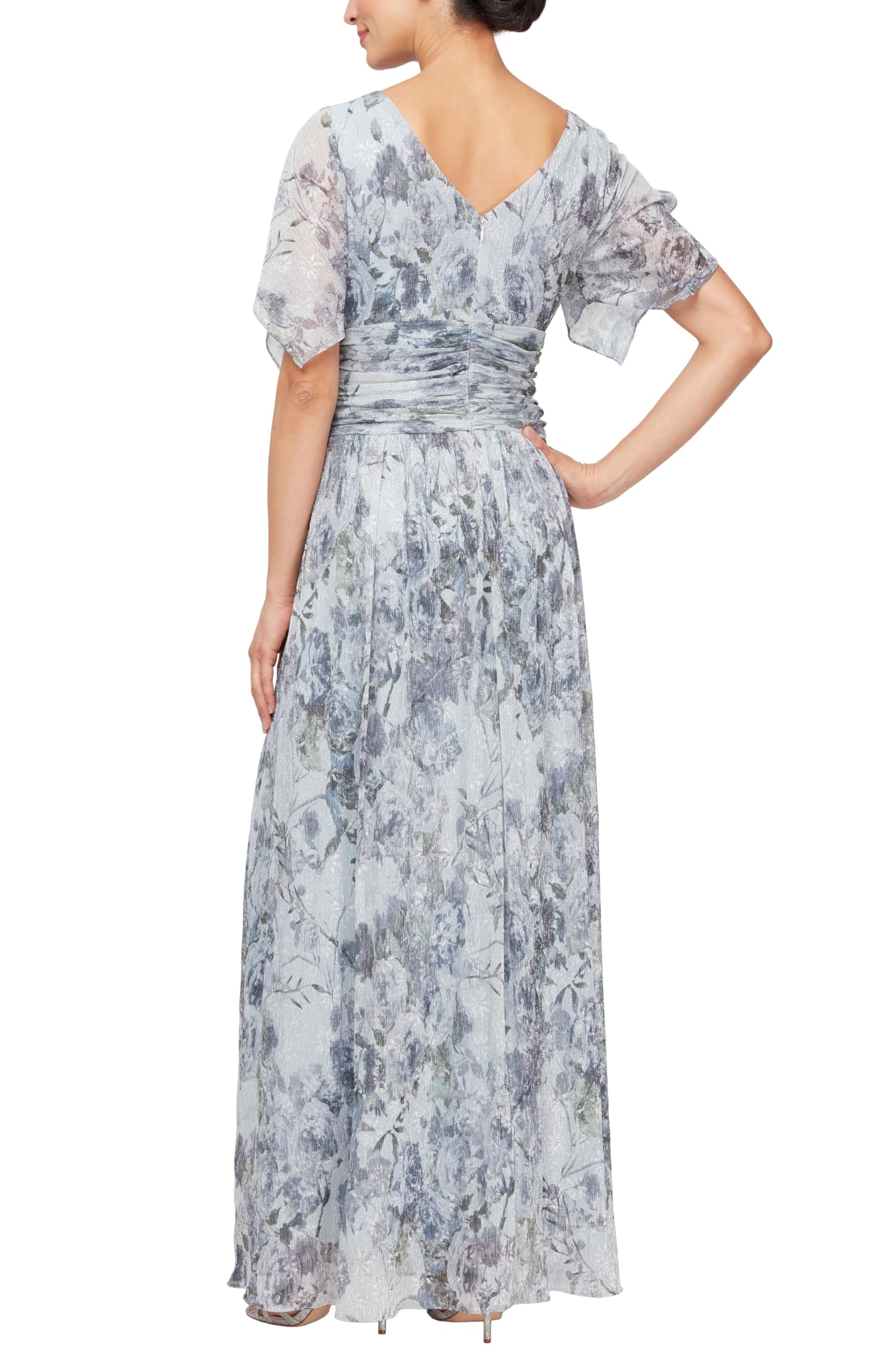 S.L. Fashions Women's Elegant Long A-line Gown with Flutter Sleeves & Ruched Waist - Wedding Guest Dress, Party Dress, Formal Occasion Dress - Available in Petite & Regular Sizes - Perfect for Weddings, Cocktail Parties, and Evening Events