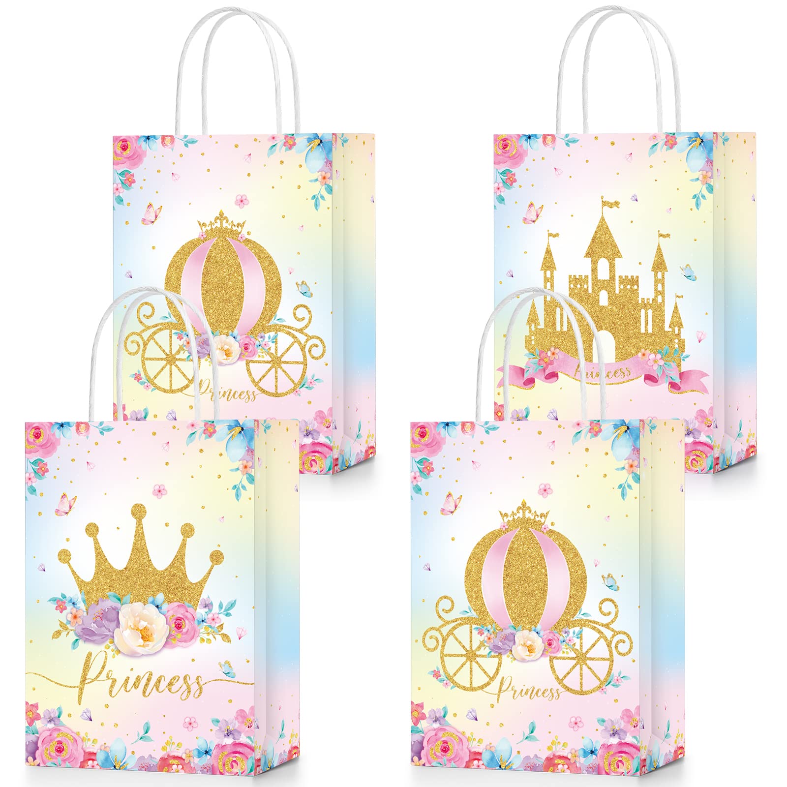 24 Pcs Princess & Prince Party Favor Bags with Handles - Elegant Castle-Themed Treat Bags for Candy, Gifts & Goodies - Perfect for Gender Reveal Parties, Baby Showers, Weddings & Birthday Celebrations (Princess Theme)