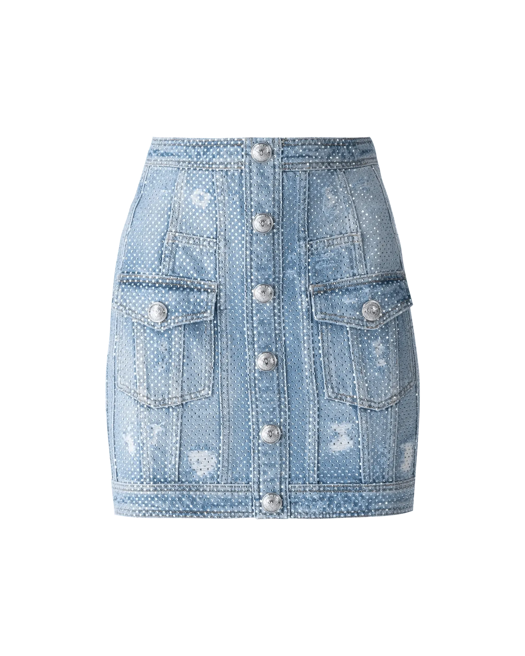 Embellished Denim Skirt for Women - Stylish Distressed High Waist A-Line Mini Skirt with Rhinestones | Perfect for Casual Outfits, Parties & Date Nights