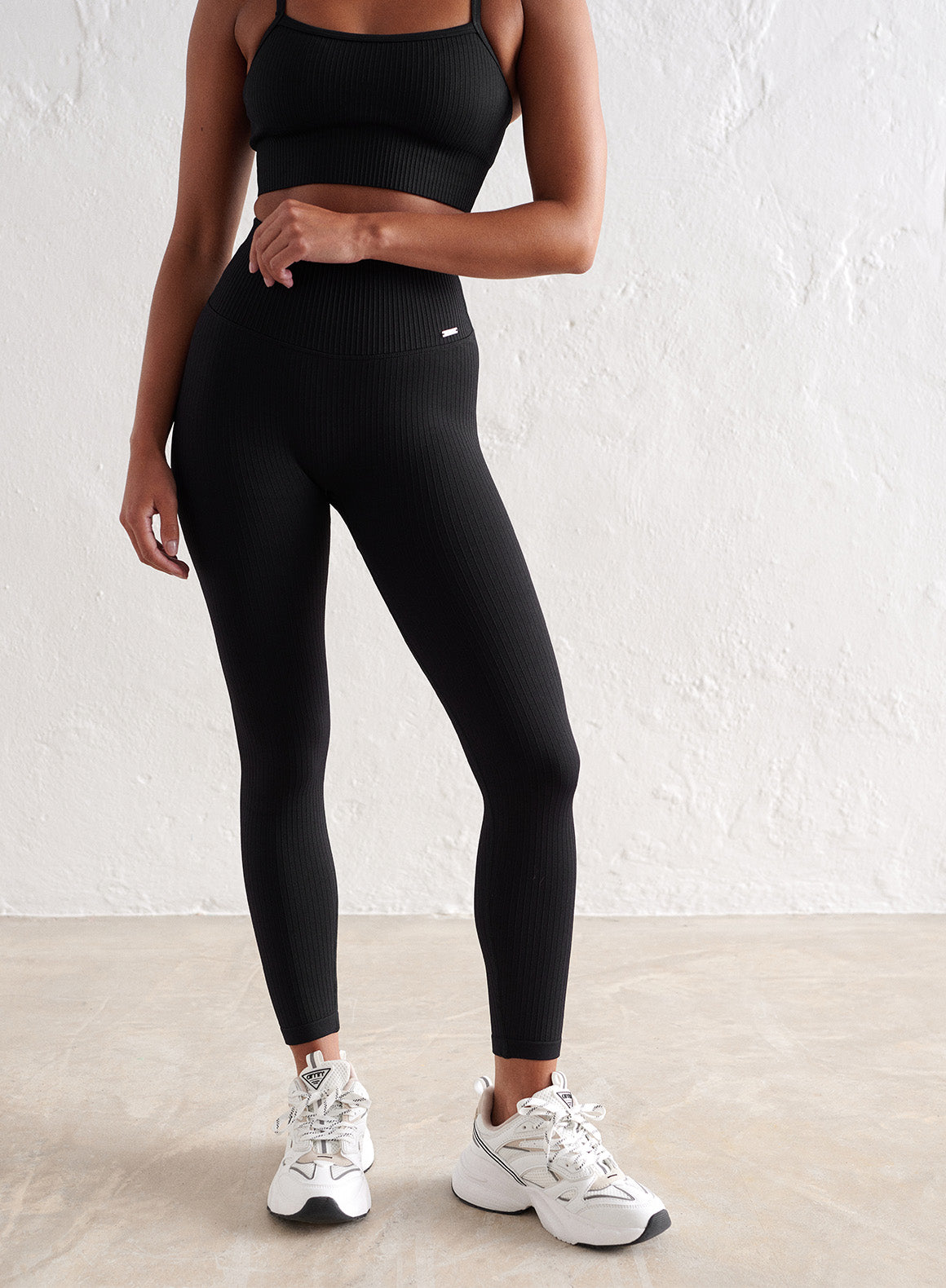 Black Ribbed Seamless Tights for Women - High Waist Yoga Leggings, Workout Running & Everyday Wear