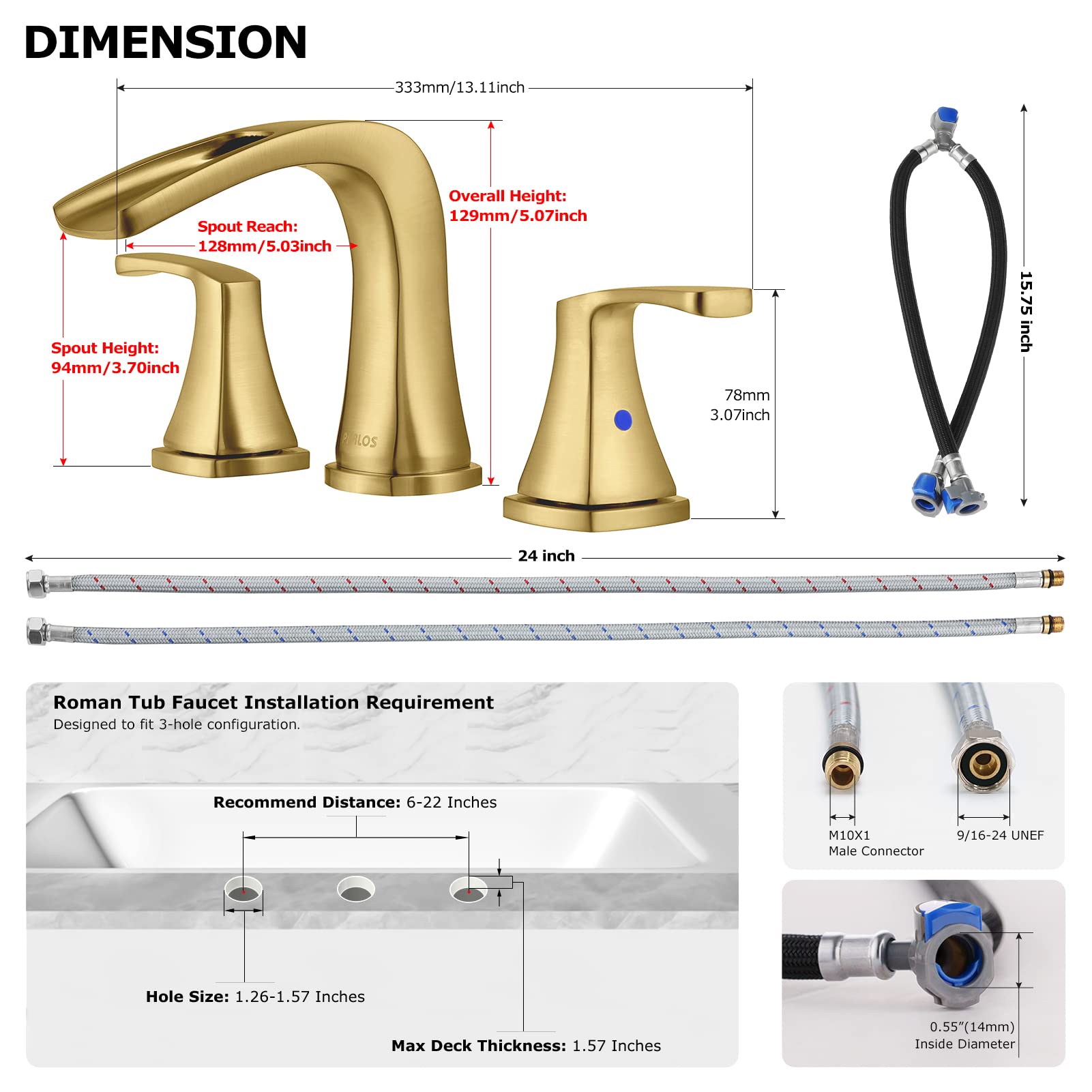 PARLOS 2-Handle Widespread Waterfall Roman Bathtub Faucet with Valve - Brushed Gold Finish (Model 1434208) - Perfect for Luxury Bathroom Renovations & Spa-Style Bathtubs