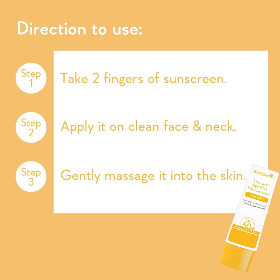 WishCare Vitamin C Pure Glow Milk Sunscreen SPF 50 PA++++ - Broad Spectrum Lightweight Sunscreen for Dry & Oily Skin (50g) | Daily UV Protection for Face & Body | Perfect for Outdoor Activities, Beach & Travel