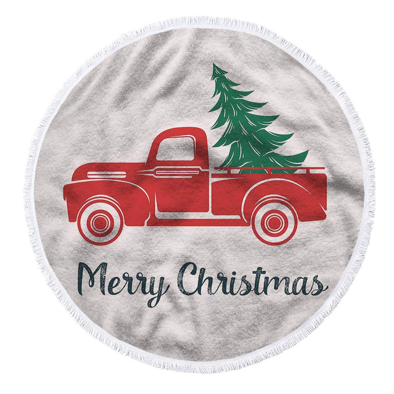 Merry Christmas Round Beach Towel Blanket - Red Car with Christmas Tree Design, Soft Microfiber with Tassels, 63 Inch Large - Perfect for Holiday Beach Outings, Poolside Relaxation & Festive Home Decor