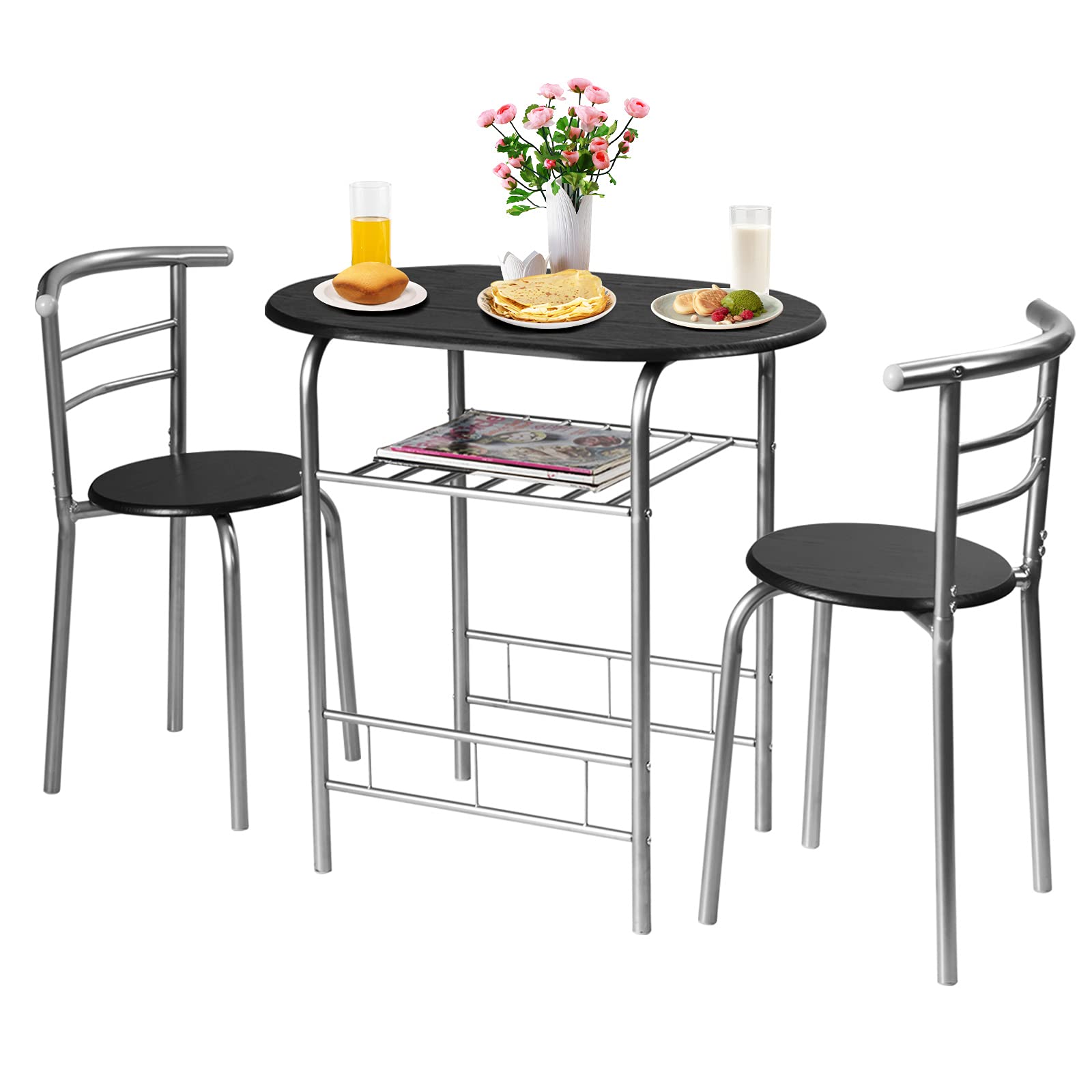 Harmony-Furniture 3-Piece Dining Table Set with Metal Frame & Storage Shelf - Compact Kitchen Table and Chairs Set in Black & Silver - Perfect for Small Kitchens, Restaurants, Cafés and Bistros