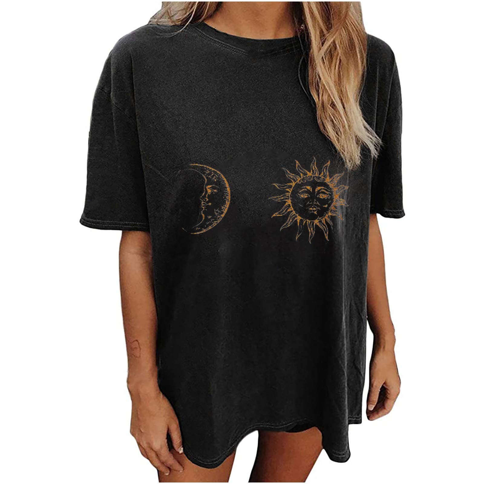 Women's Vintage Short Sleeve Blouse - Summer Casual Sun & Moon Printed Top (Black, Medium) | Boho Chic Outfit for Beach, Date Night & Office Wear