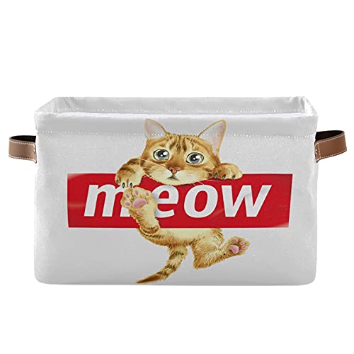 Collapsible Cat Storage Basket with PU Handles - Waterproof Laundry Organizer for Nursery, Home & Office - 1 Pack - Perfect for Pet Supplies, Toys & Clutter Organization