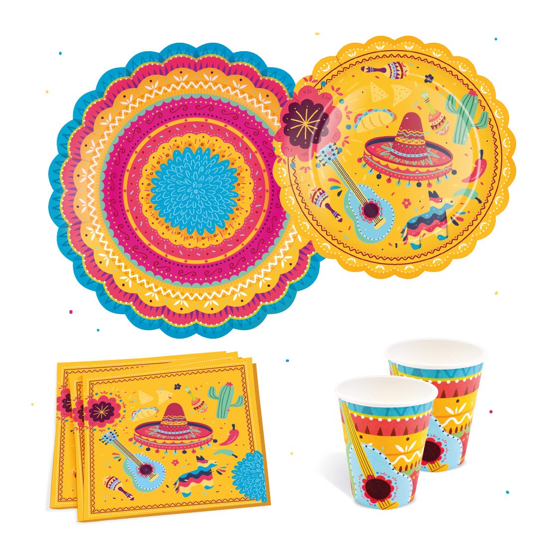 Vibrant Mexican Fiesta Party Supplies Set - 16 Large Dinner Plates, 16 Dessert Plates, 16 Cups & 16 Napkins for 16 Guests | Colorful Themed Tableware for Cinco de Mayo, Taco Tuesday, Birthday Parties & Family Gatherings | Perfect for Outdoor BBQs, Potlucks & Festive Celebrations