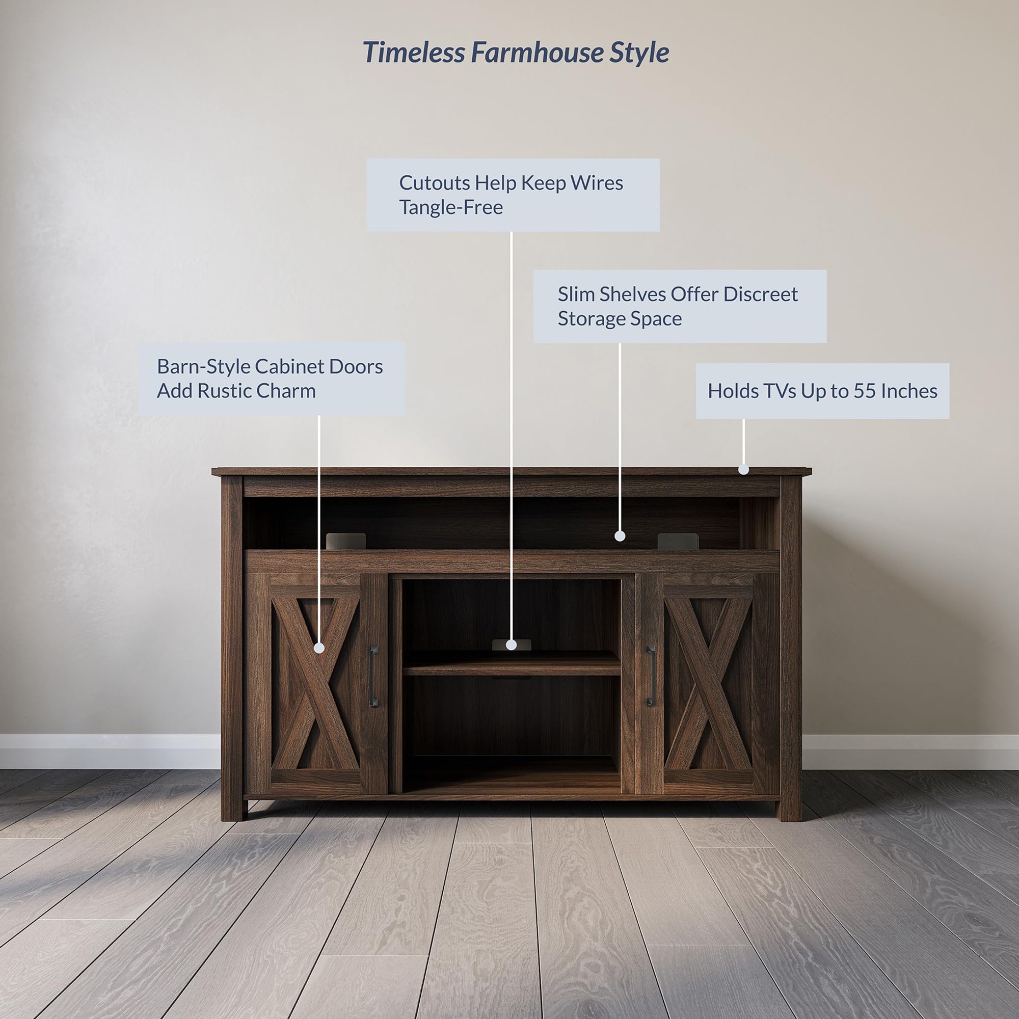 BELLEZE 48 Inch TV Stand for 50 Inch TVs - Rustic Barn Door Entertainment Center with 2 Open Shelves & Storage Cabinets - Dark Walnut Media Console for Living Room, Bedroom - Perfect for Home Theater & Family Entertainment Spaces