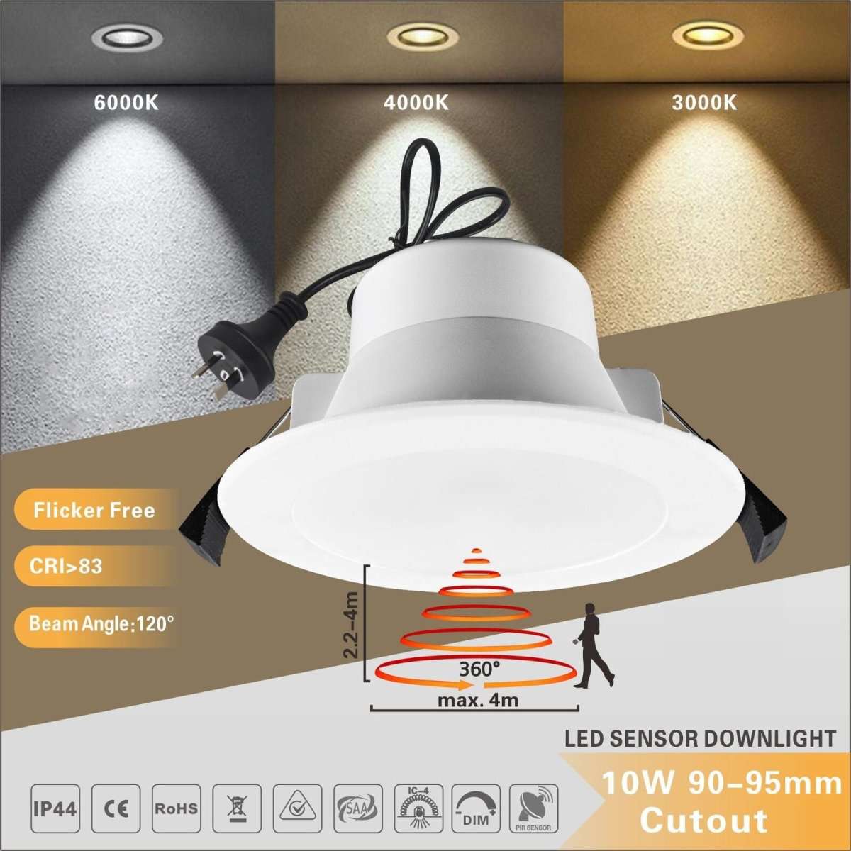 10-Pack 90mm LED Downlight Kit with Radar Sensor - 10W Non-Dimmable, 3 Color Temperature Options (3000K Warm White/4000K Cool White/6000K Daylight) - Perfect for Home, Office, and Commercial Lighting