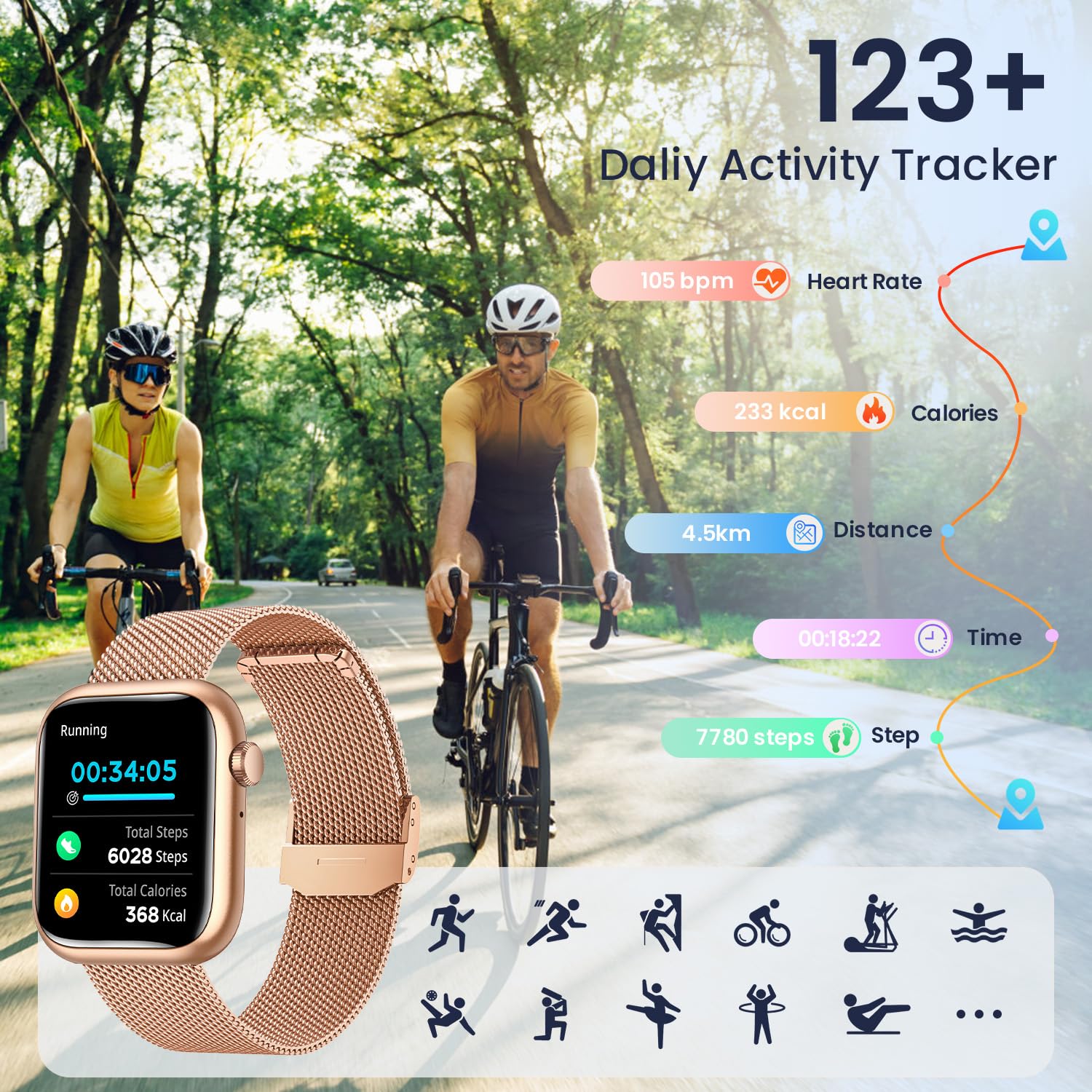 Women's Smartwatch with Fitness Tracker - Gold Android Smart Watch with Bluetooth Calling, Heart Rate Monitor, 123 Sport Modes, IP67 Waterproof - Compatible with iPhone & Android Phones - Perfect for Running, Gym Workouts & Daily Activity Tracking