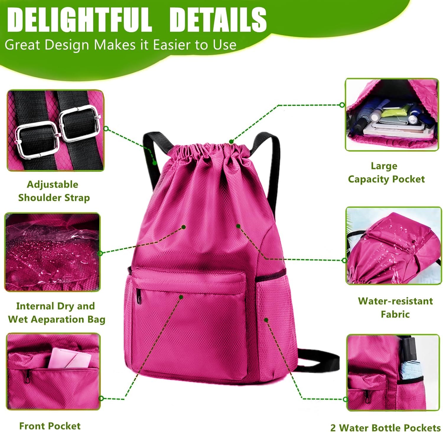 Waterproof Drawstring Backpack - Gym & Yoga Bag for Men & Women (Rose) - Perfect for Sports & Shopping