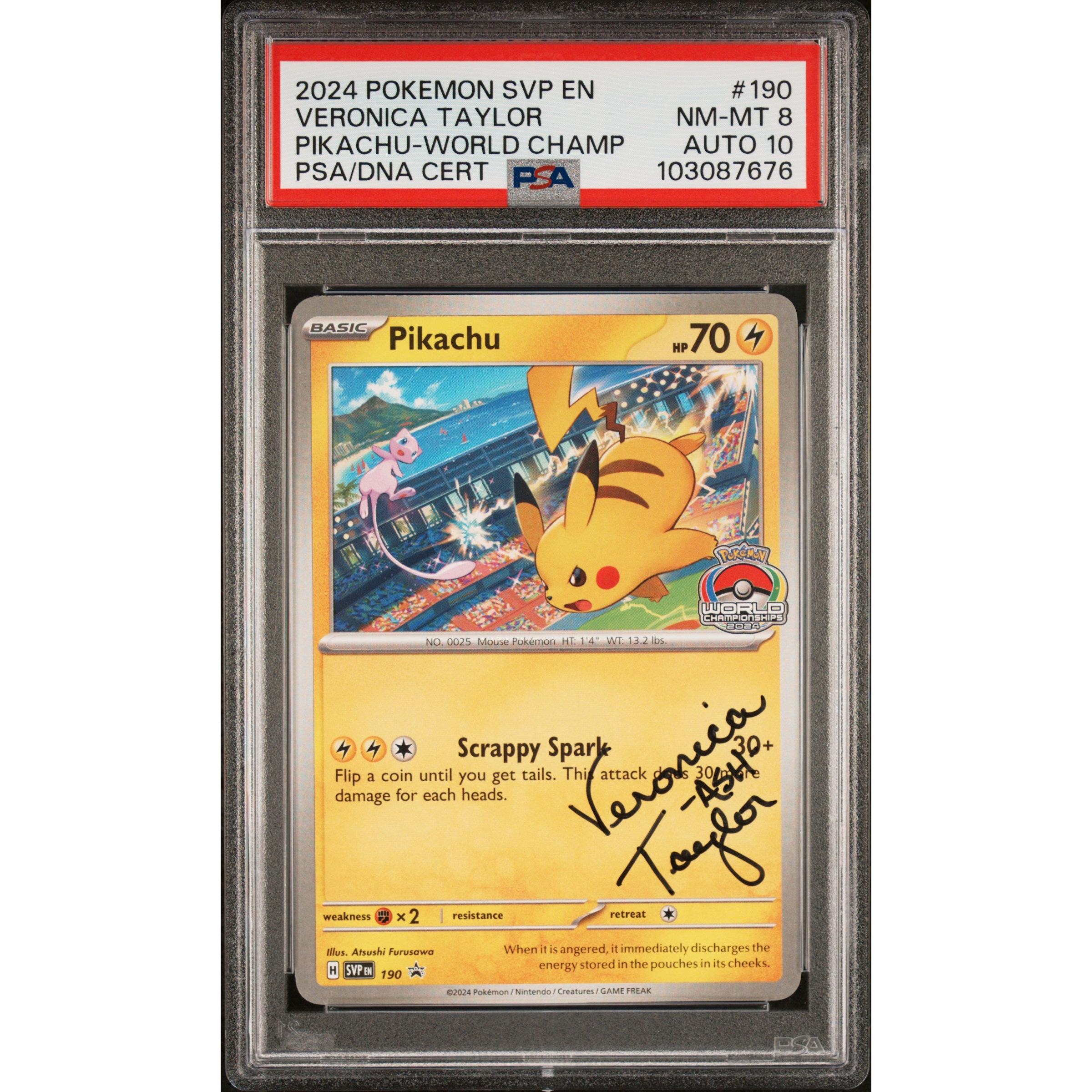 2024 Pokemon Pikachu World Championship Signed by Veronica Taylor PSA 8 AUTO 10 - Rare Collectible for Pokemon Fans, Gaming Tournaments & Anime Memorabilia