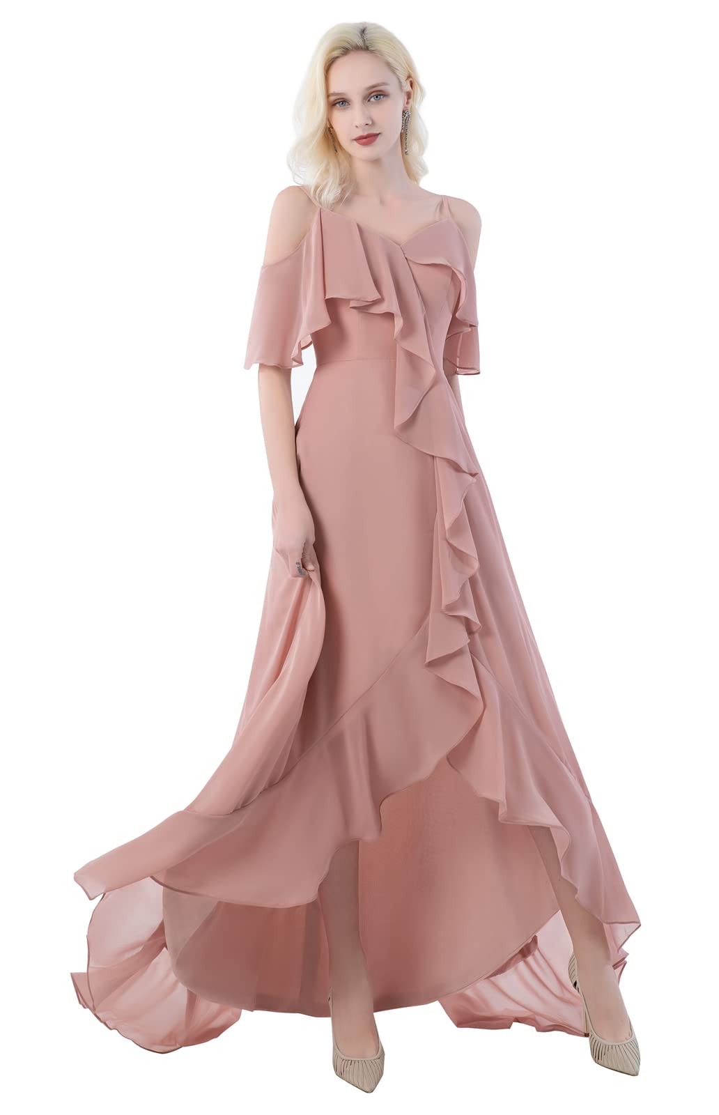 ZMOVQA Women's Off The Shoulder V Neck Long Bridesmaid Dress with Ruffle Sleeves - Chiffon A-Line Slit Formal Evening Gown for Wedding, Prom, Cocktail Party & Special Occasions