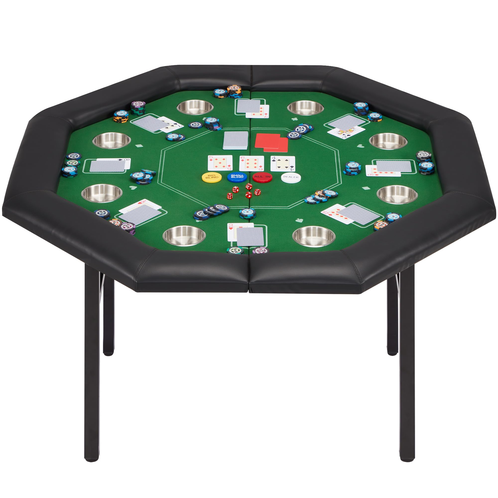 ECOTOUGE 8-Player Foldable Poker Table with Padded Rails & Stainless Steel Cup Holders - Octagon Texas Holdem Blackjack Casino Game Table for Home, Parties & Game Nights - Easy Assembly & Portable Design