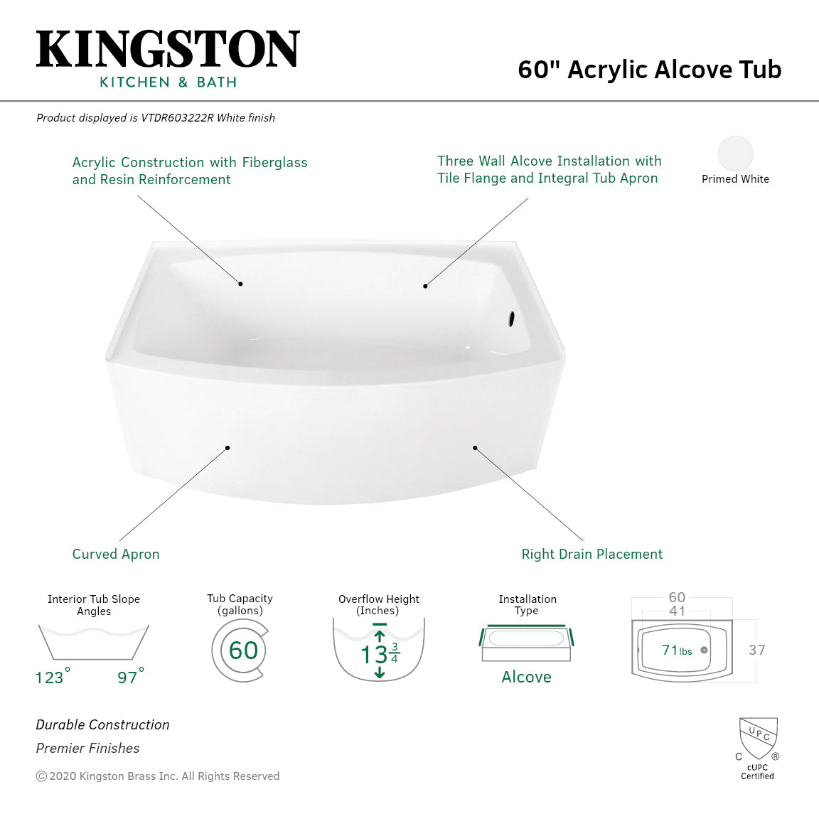 Aqua Eden VTDR603222R 60-Inch Acrylic Rectangular 3-Wall Alcove Bathtub - Right Hand Drain, Glossy White - Perfect for Modern Bathroom Renovations & Spa-Like Relaxation