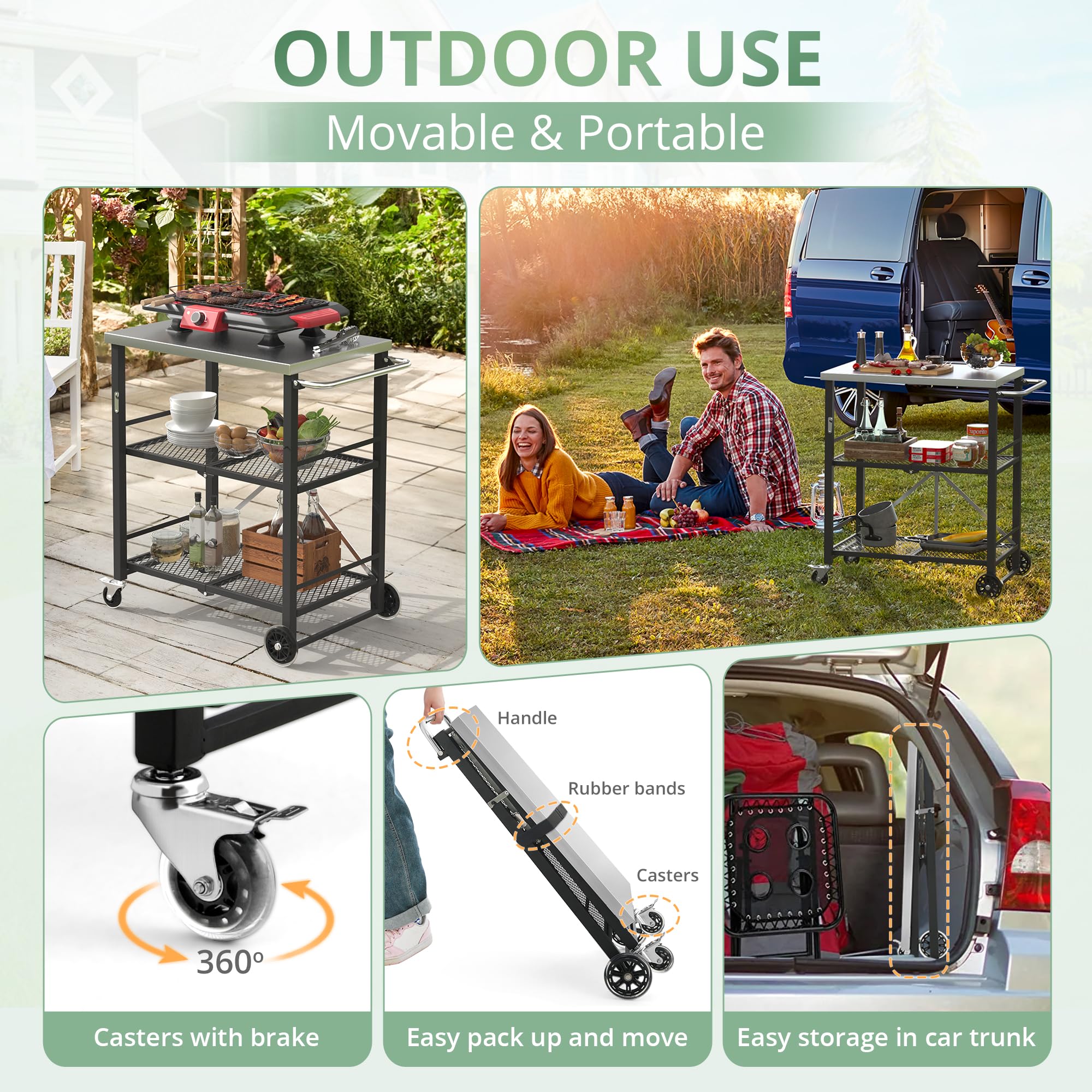 Foldable Outdoor Grill Cart with 2 Locking Casters - Stainless Steel BBQ Table & Pizza Oven Stand - 3-Shelf Folding Kitchen Island - Black | Perfect for Backyard Cooking, Camping & Outdoor Entertaining