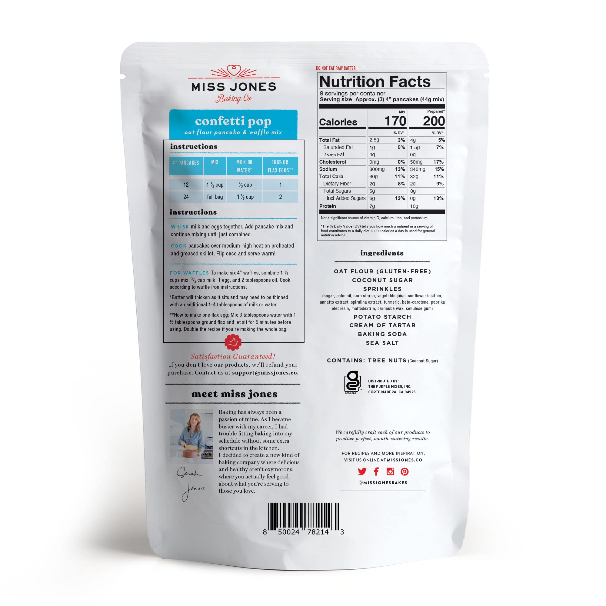 Miss Jones Baking Confetti Pop Oat Pancake & Waffle Mix - Gluten Free, High Protein (10g), 100% Whole Grain Oat Flour, 13.99oz - Perfect for Breakfast, Brunch & Kids' Parties