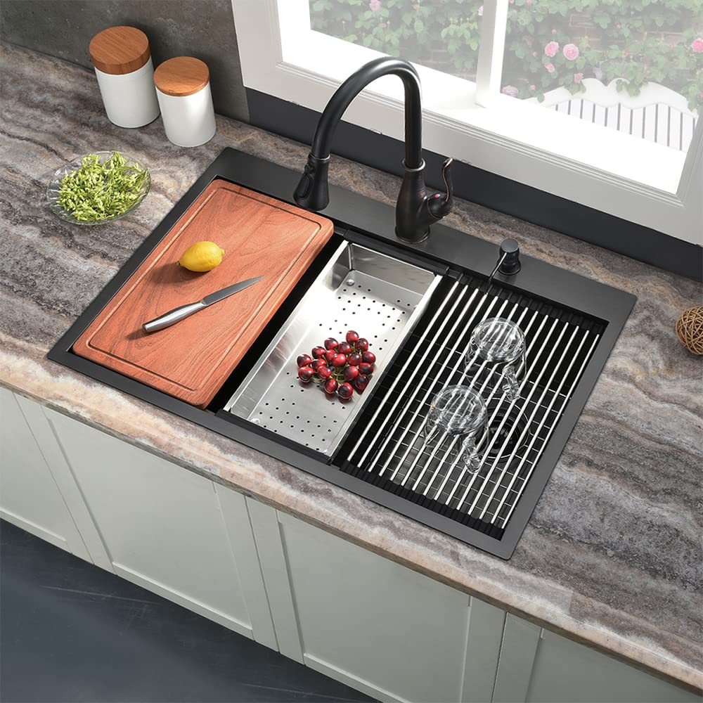 33 Inch Black Drop-In Kitchen Sink - Jshozzy 33x22 Stainless Steel Single Bowl Topmount Sink with Offset Drain | 16 Gauge Deep Workstation Sink for Modern Kitchens | Perfect for Meal Prep, Dishwashing & Large Cookware