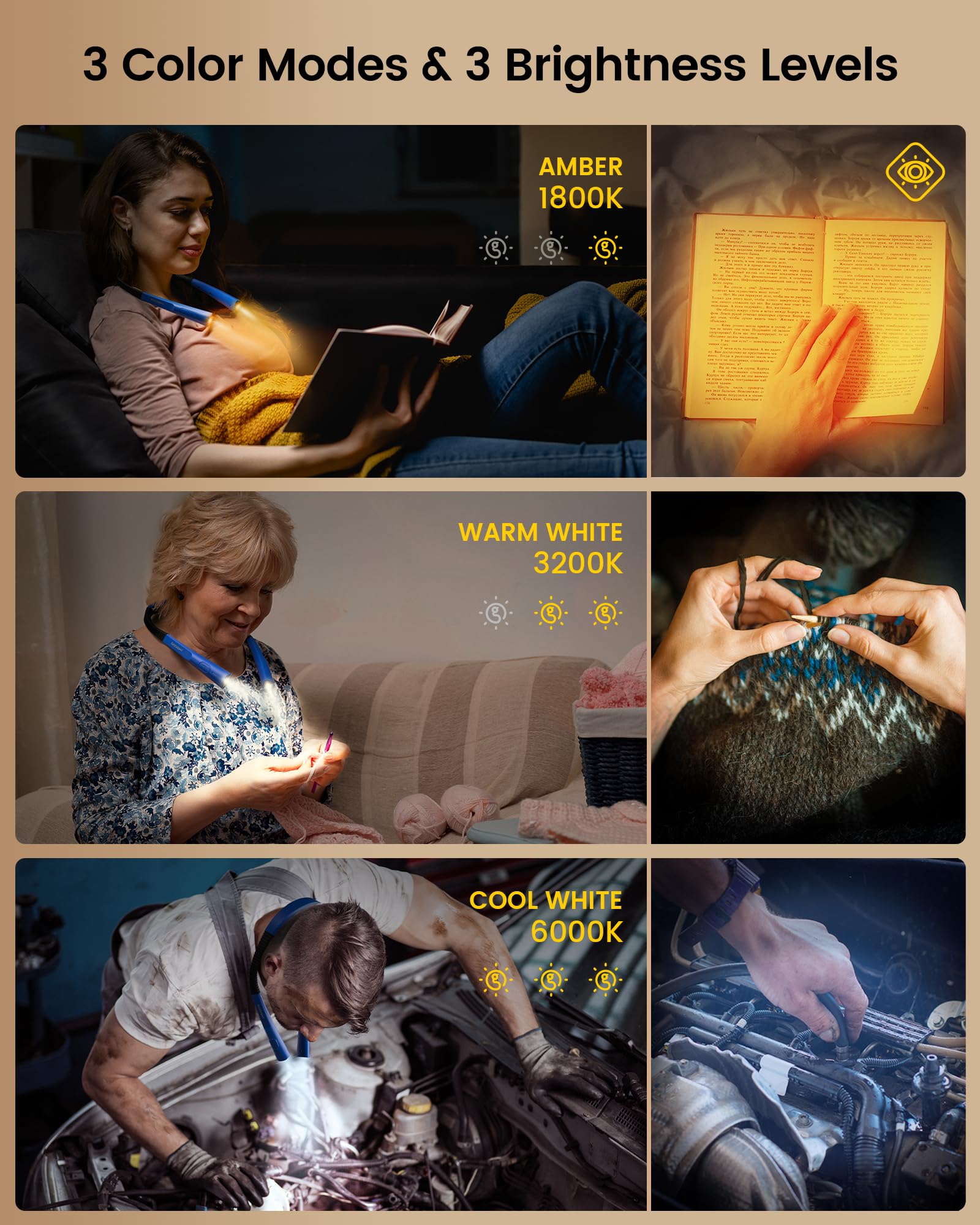 Glocusent Upgraded LED Neck Reading Light - 3 Color Modes & 3 Brightness Levels, Rechargeable Book Light with 30-Min Timer for Bedtime Reading, Knitting, Camping, and Nighttime Activities
