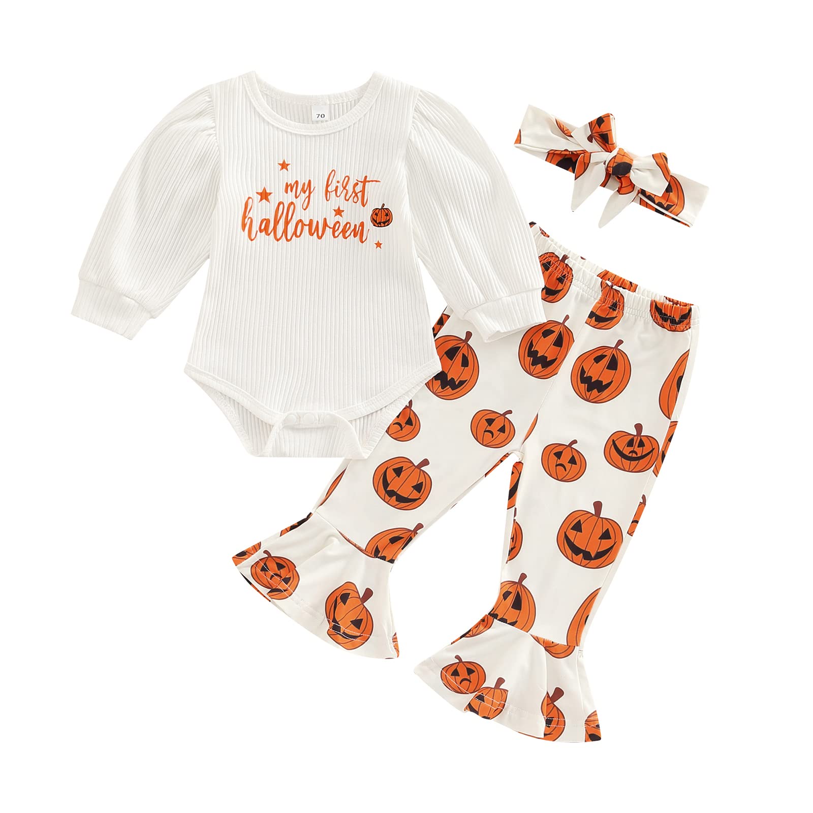 Baby Girl's First Halloween Outfit - Ribbed Romper & Flared Pants Set with Headband | Newborn Infant Costume for Photo Shoots & Trick-or-Treating