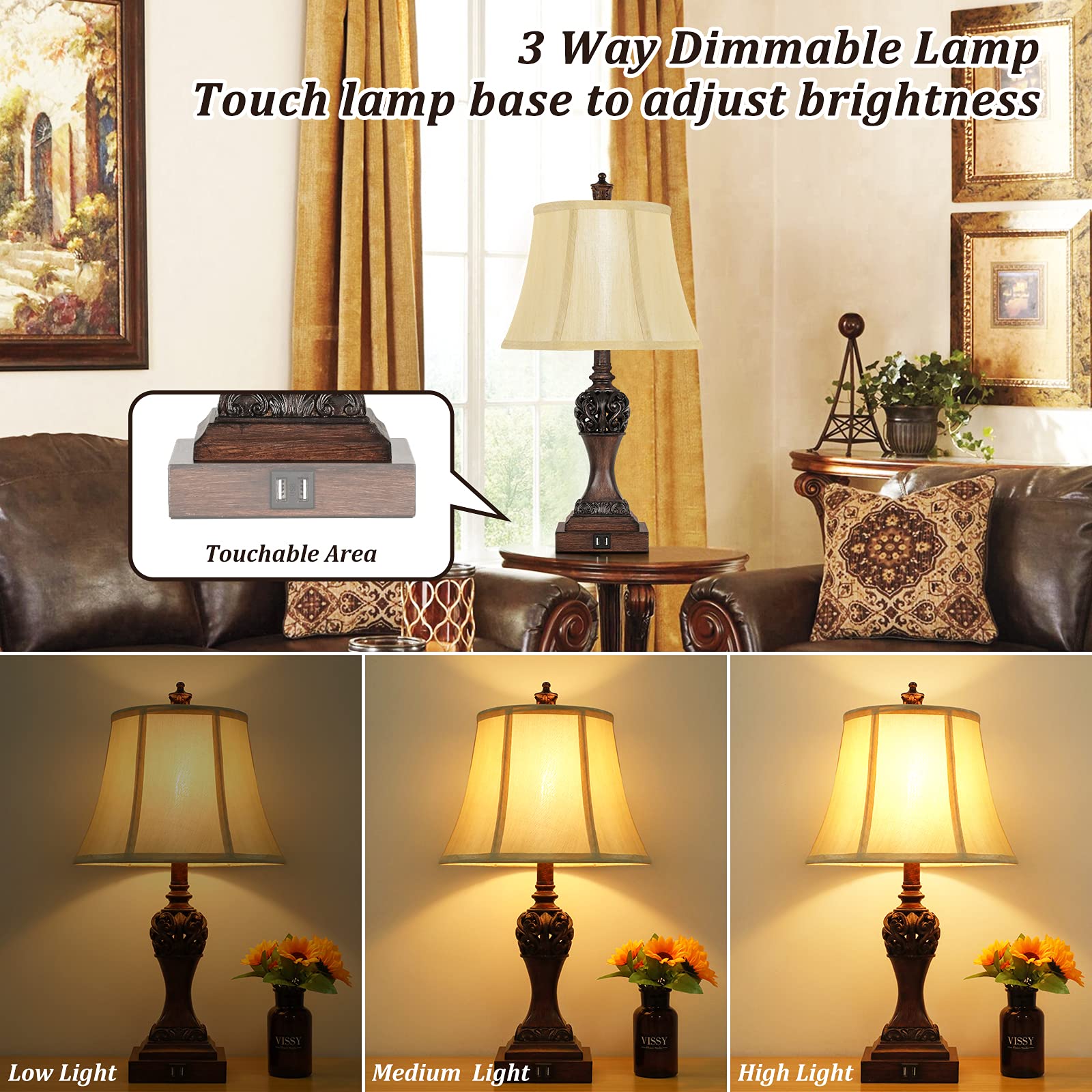 2-Pack Touch Control 3-Way Dimmable Table Lamps with USB Charging Ports - Traditional Bedside Lamps with Bell-Shaped Faux Silk Shade & Brown Base for Bedroom, Nightstand, Living Room (LED Bulbs Included) - Perfect for Reading, Relaxing & Charging Devices