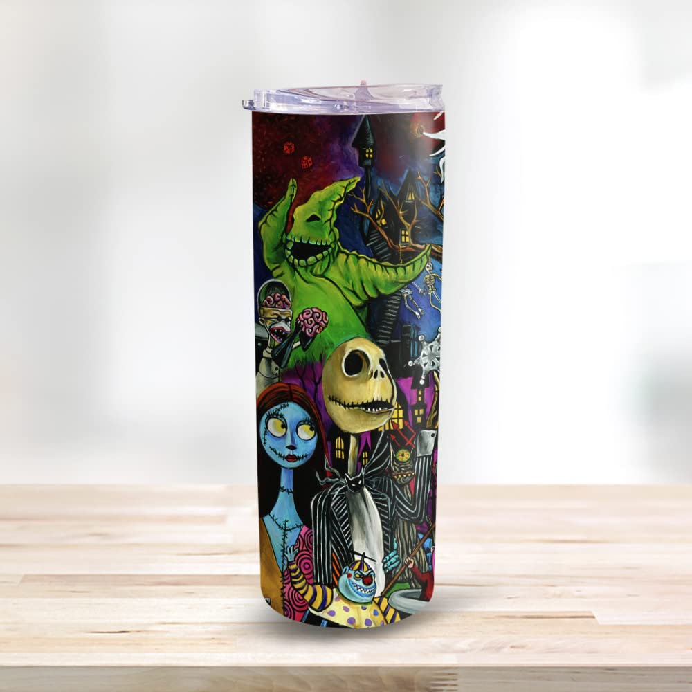 20oz Insulated Stainless Steel Skinny Tumbler with Lid - Christmas Art Characters Halloween Design, Perfect Gift for Nightmare Movie Fans | Great for Travel, Coffee, Tea & Hot/Cold Drinks