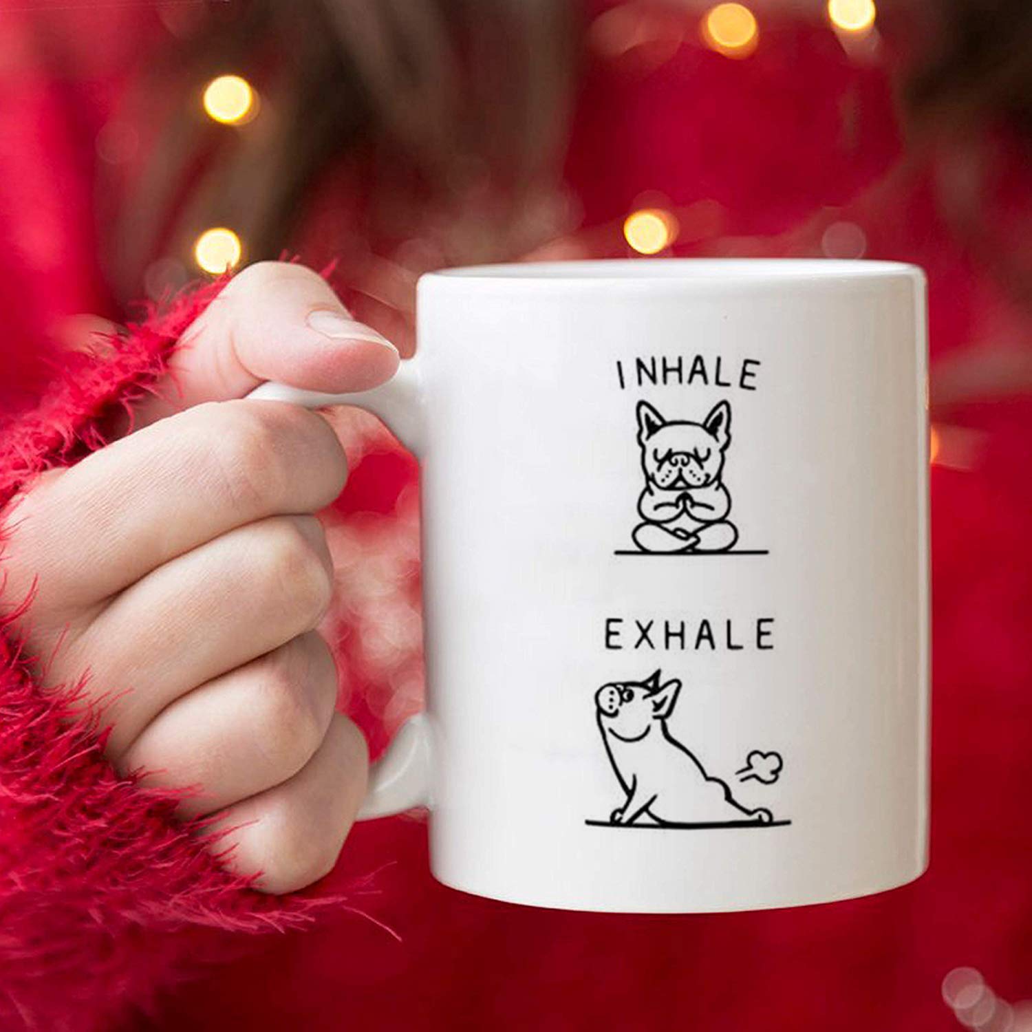 Funny Ceramic White Coffee Mug with Cute Yoga Pug Design - 11 oz Microwave & Dishwasher Safe Cup - Perfect for Yoga Lovers, Office Use & Gift Giving - Inhale Exhale Inspirational Quote